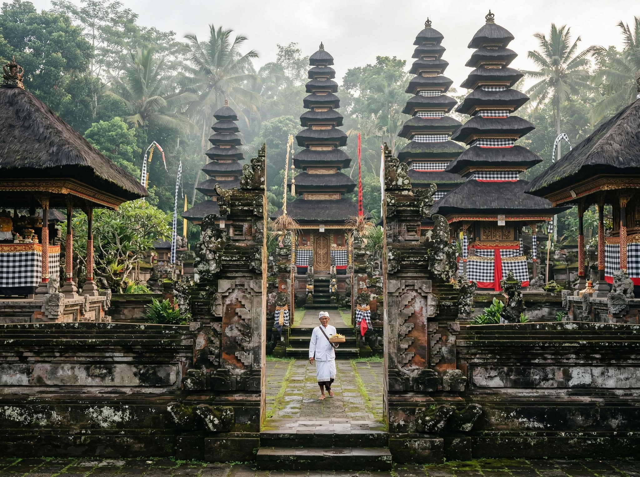 Balinese Hindu temple compound showing traditional candi bentar split gate entrance and tiered meru shrines — illustrating the architectural theology of the Sad Kahyangan Jagat directional temple system described in the article's spiritual framework section