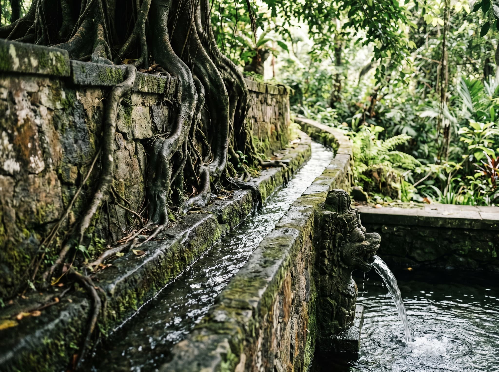 The moss-covered stone channels and ornamental fountains of Taman Narmada's garden terraces — water moving through centuries-old carved stonework beneath a canopy of banyan and frangipani trees, evoking the site's design as a devotional replica of Mount Rinjani's crater lake