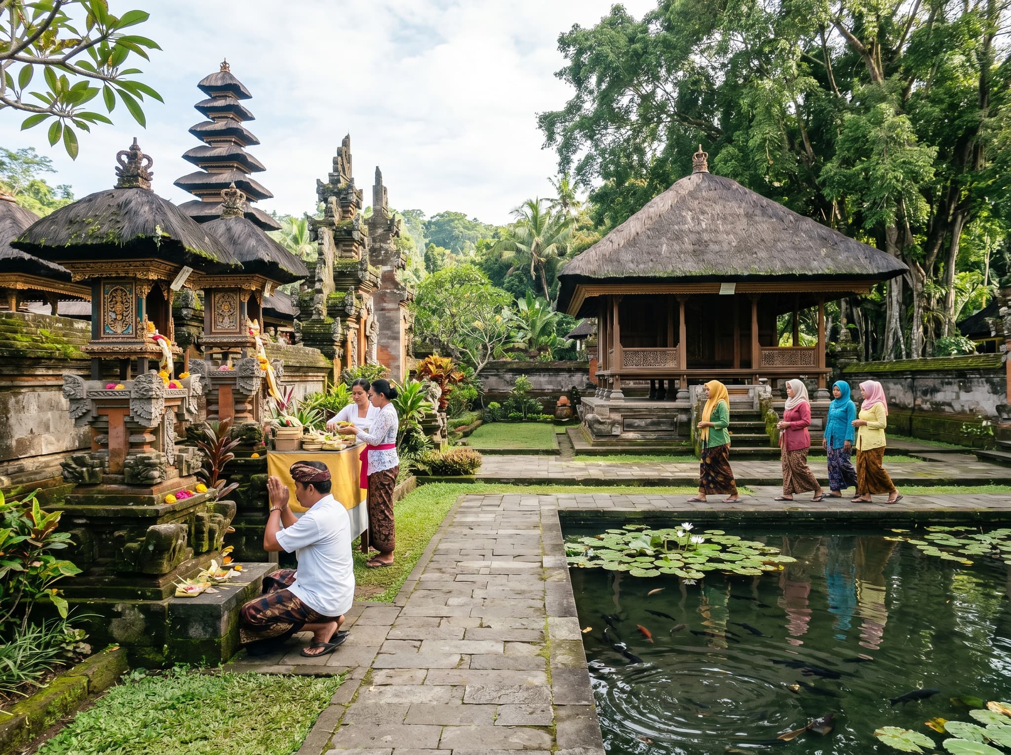 Pura Kalasa temple within the Narmada Park complex — an active Balinese Hindu place of worship on the upper terrace of the water palace, representing the intersection of sacred devotion and landscape architecture on a predominantly Muslim island