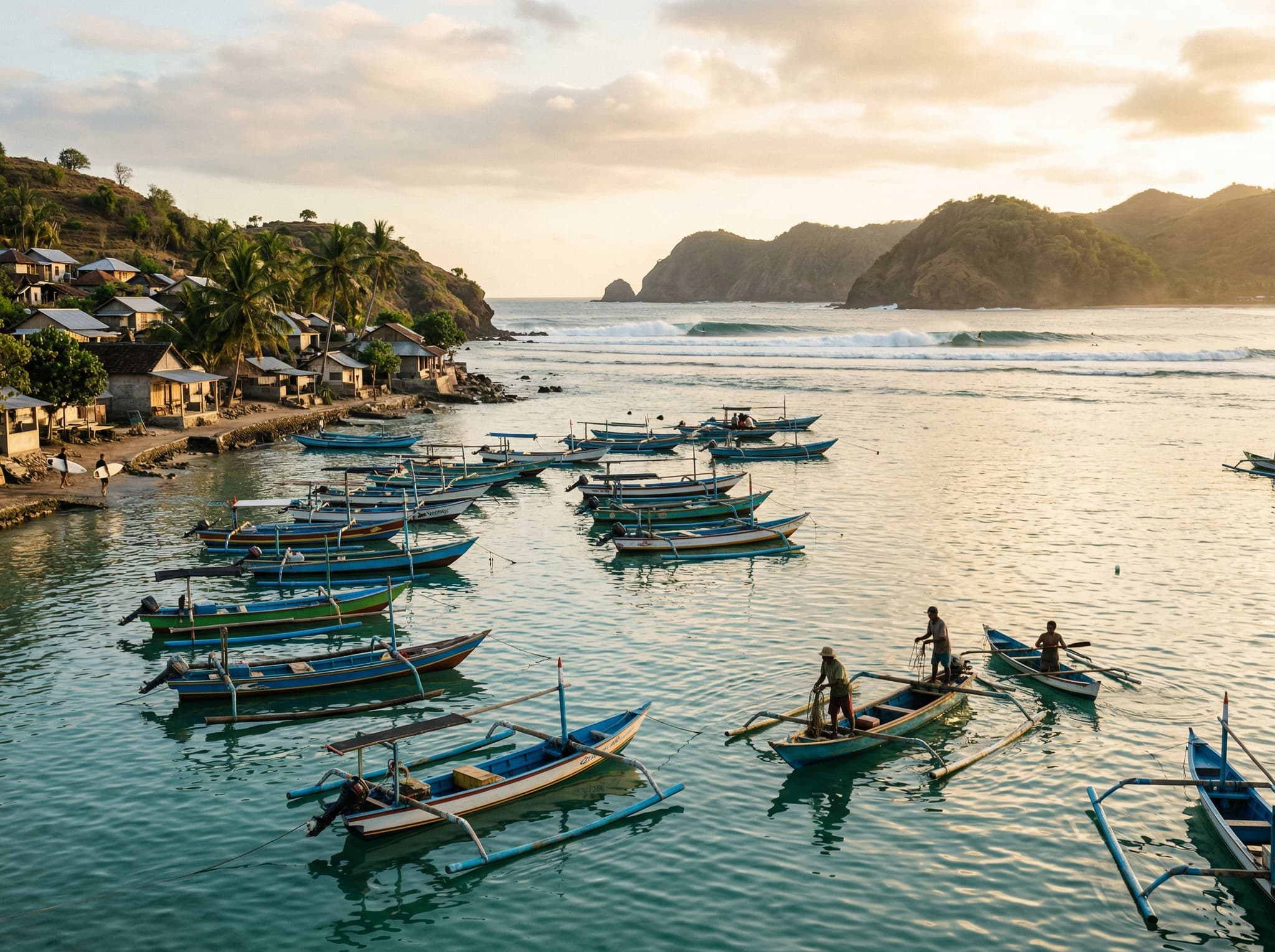 Gerupuk Bay with fishing boats on the water and a reef break visible in the distance, capturing the working fishing village with a surf scene that the article describes as more interesting than it sounds