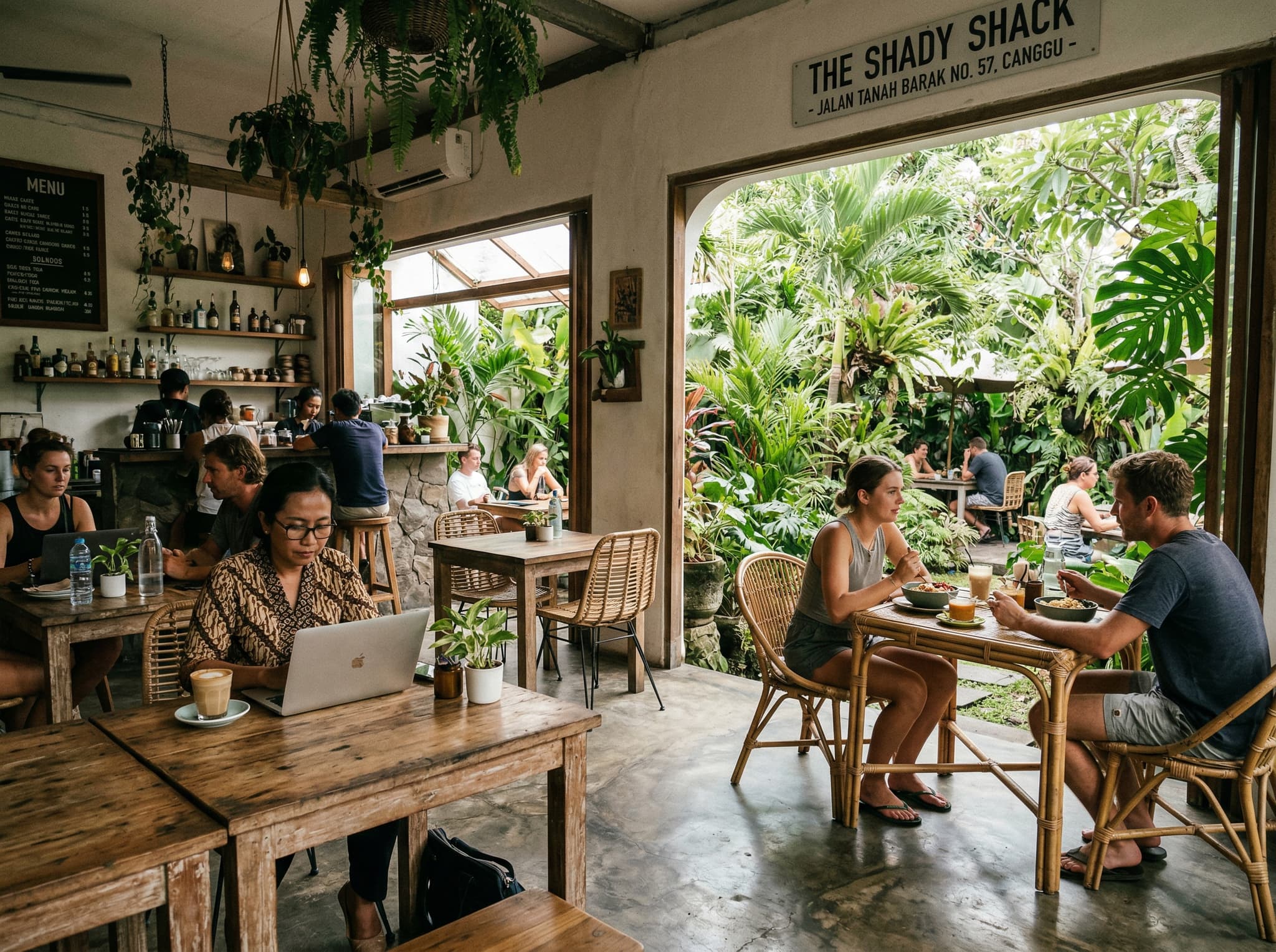 Interior or garden seating at a Canggu café showing the relaxed digital nomad atmosphere — natural light through large windows or open walls, greenery visible, the kind of calm setting described in reviews of Shady Shack