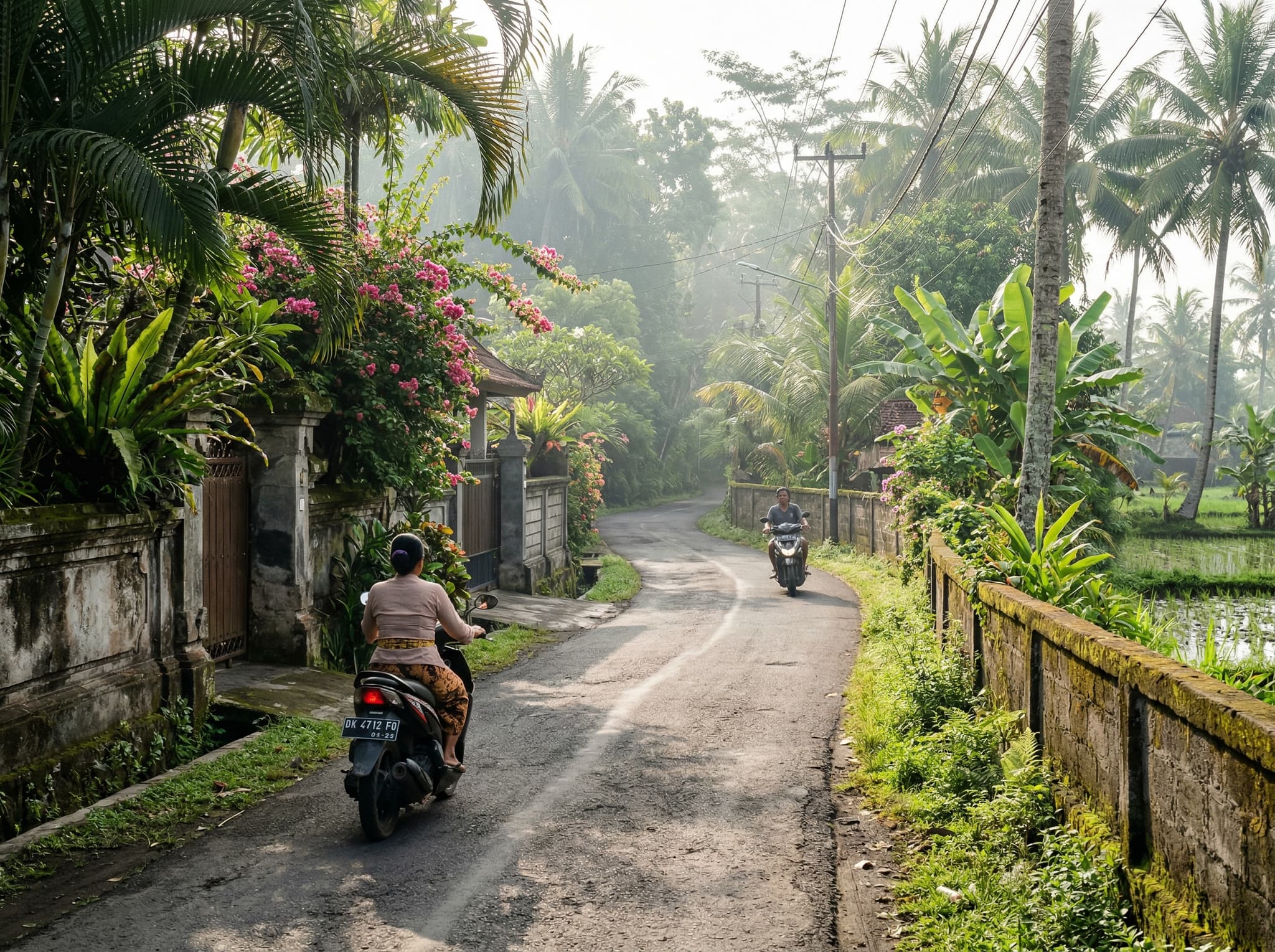 Street view of Jalan Tanah Barak in Canggu, Bali — the quiet road between Batu Bolong and Echo Beach where Shady Shack is located, showing the semi-rural corridor that sits on the informal boundary between Canggu and Pererenan