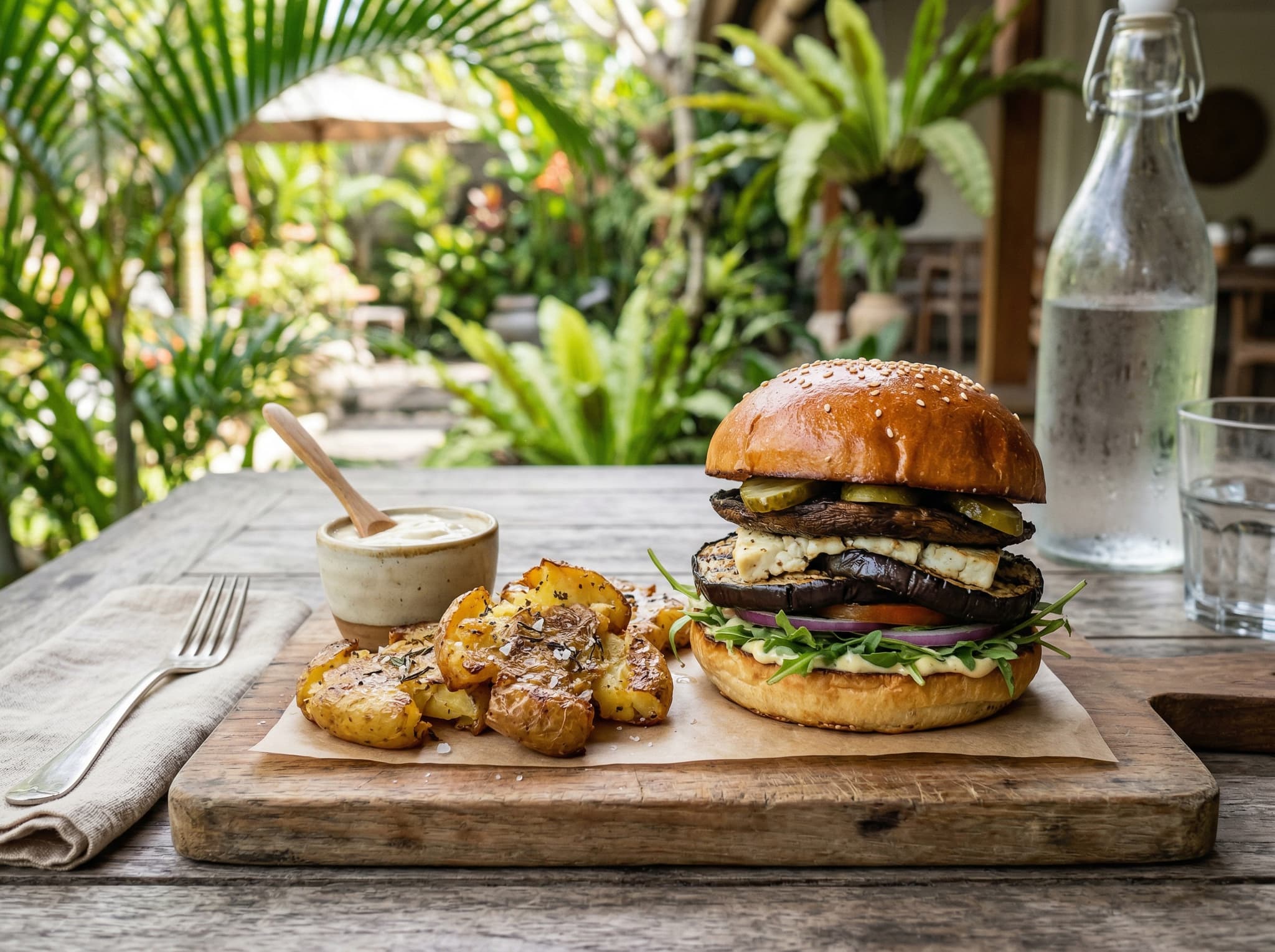 A plant-based burger with fries or smashed potatoes served at a Bali café — representing the Shady Shack Burger, the signature mushroom and eggplant patty dish described as the most-ordered item on the menu