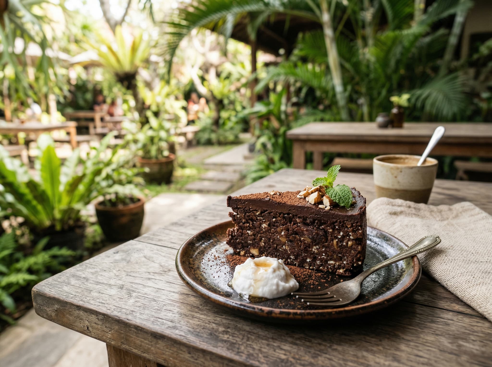 Vegan raw chocolate dessert or cake slice on a plate at a Bali café — representing the raw dessert selection at Shady Shack, including raw chocolate cake made with cacao, almonds, dates, and coconut oil