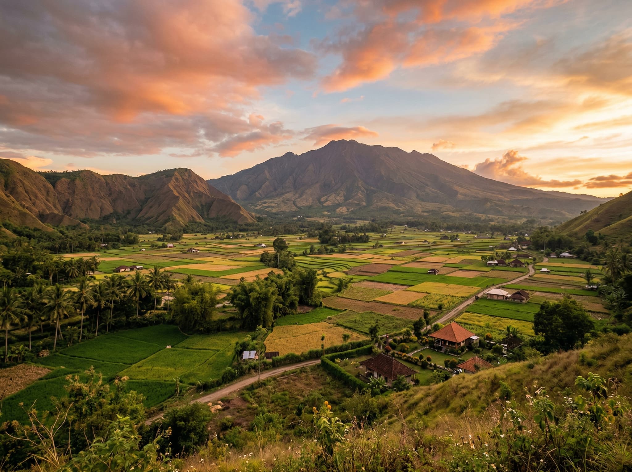 Golden hour light falling across the Sembalun Valley floor in East Lombok — Rinjani's volcanic profile sharpening against a warm evening sky, farmland glowing in low light, illustrating the article's closing argument that the valley at golden hour is one of Lombok's quieter beautiful moments and worth staying an extra day to experience