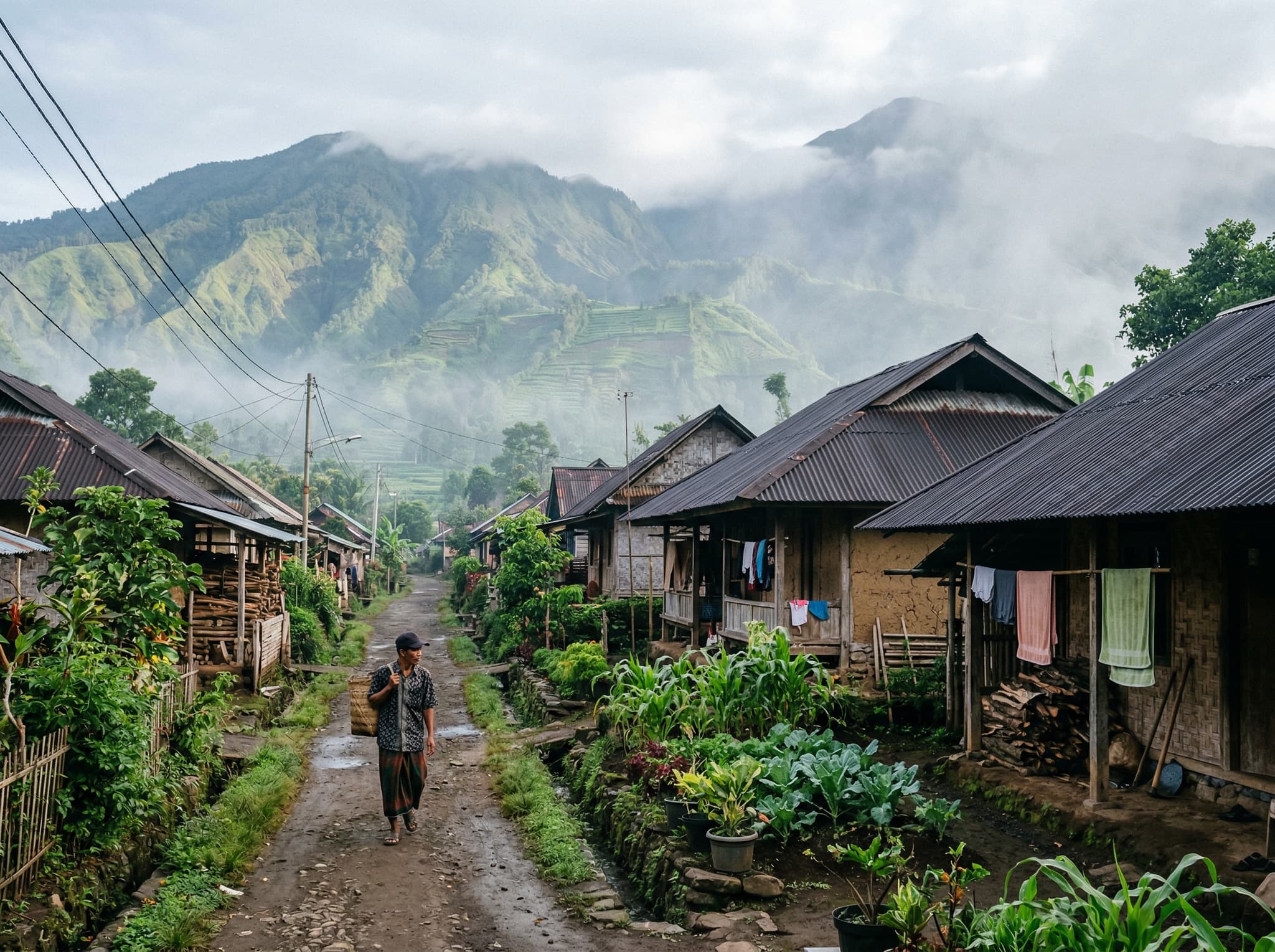 Ground-level view of Sembalun Lawang village in East Lombok — the highest settlement in the Sembalun cluster at roughly 1,150–1,300 meters elevation, showing traditional Sasak architecture, a quiet village lane, and the cool highland atmosphere that distinguishes this trekking base from Lombok's coastal towns