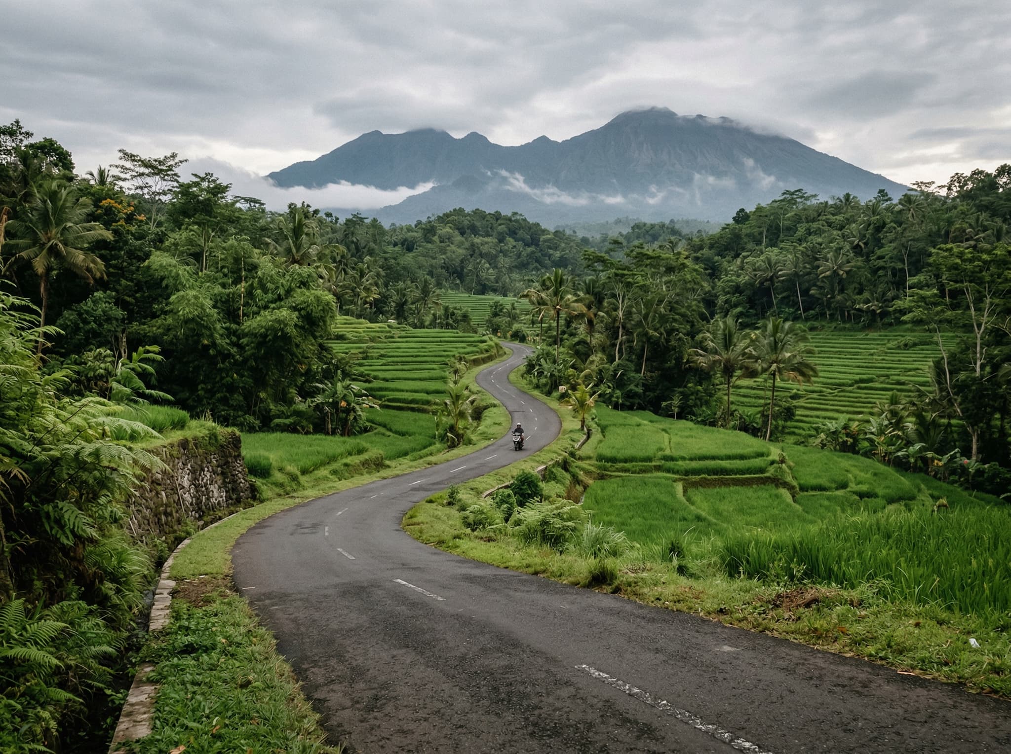 A narrow winding road through Bali's volcanic highlands or rice terrace country, representing the long drive north from Ubud toward Sekumpul — the gradual leaving-behind of tourist infrastructure that the article describes.