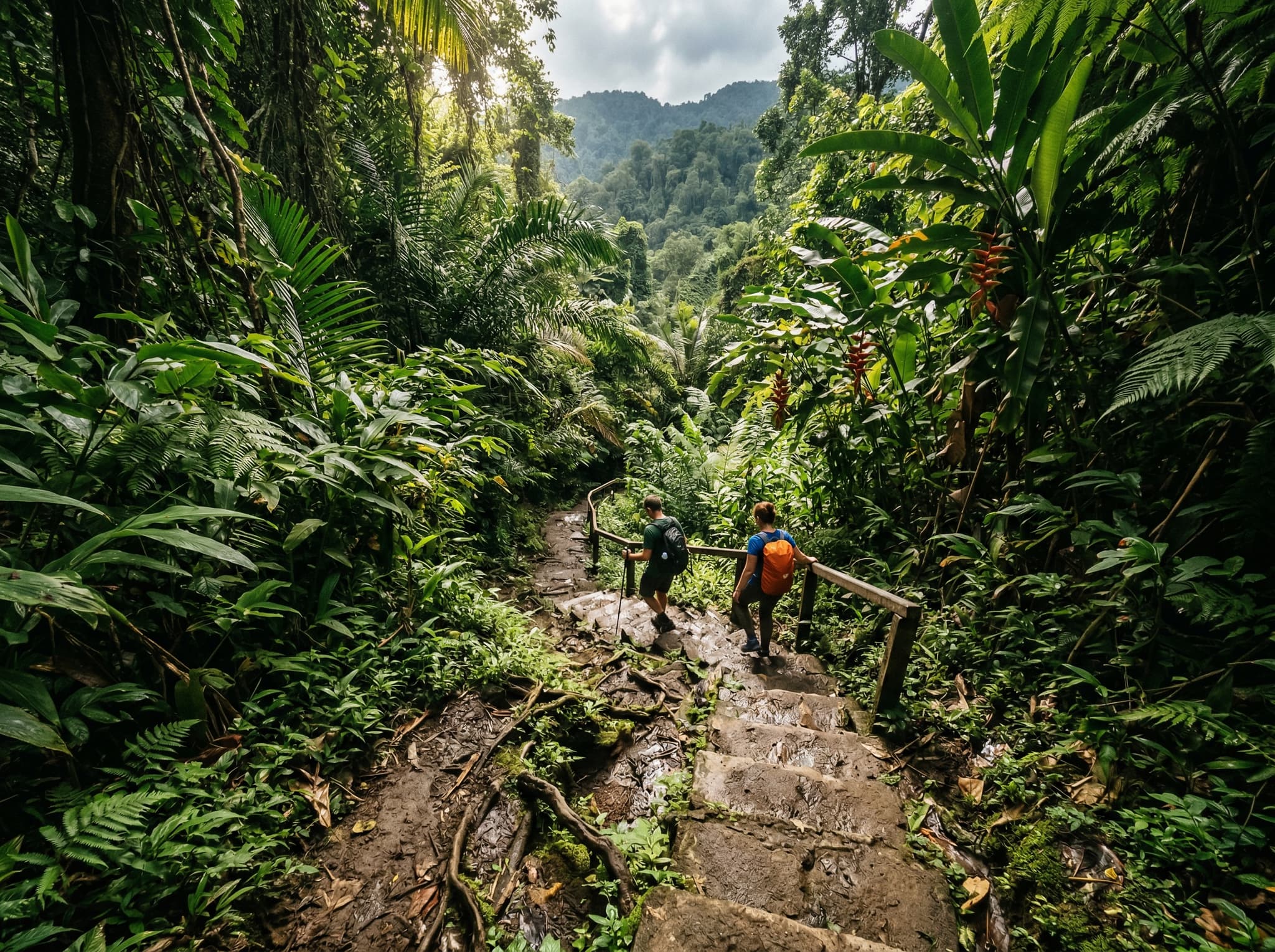 A steep jungle trail with concrete steps and exposed dirt descending through dense tropical vegetation in Bali, showing the demanding terrain of the Sekumpul trek that the article warns requires closed-toe shoes and real physical effort.