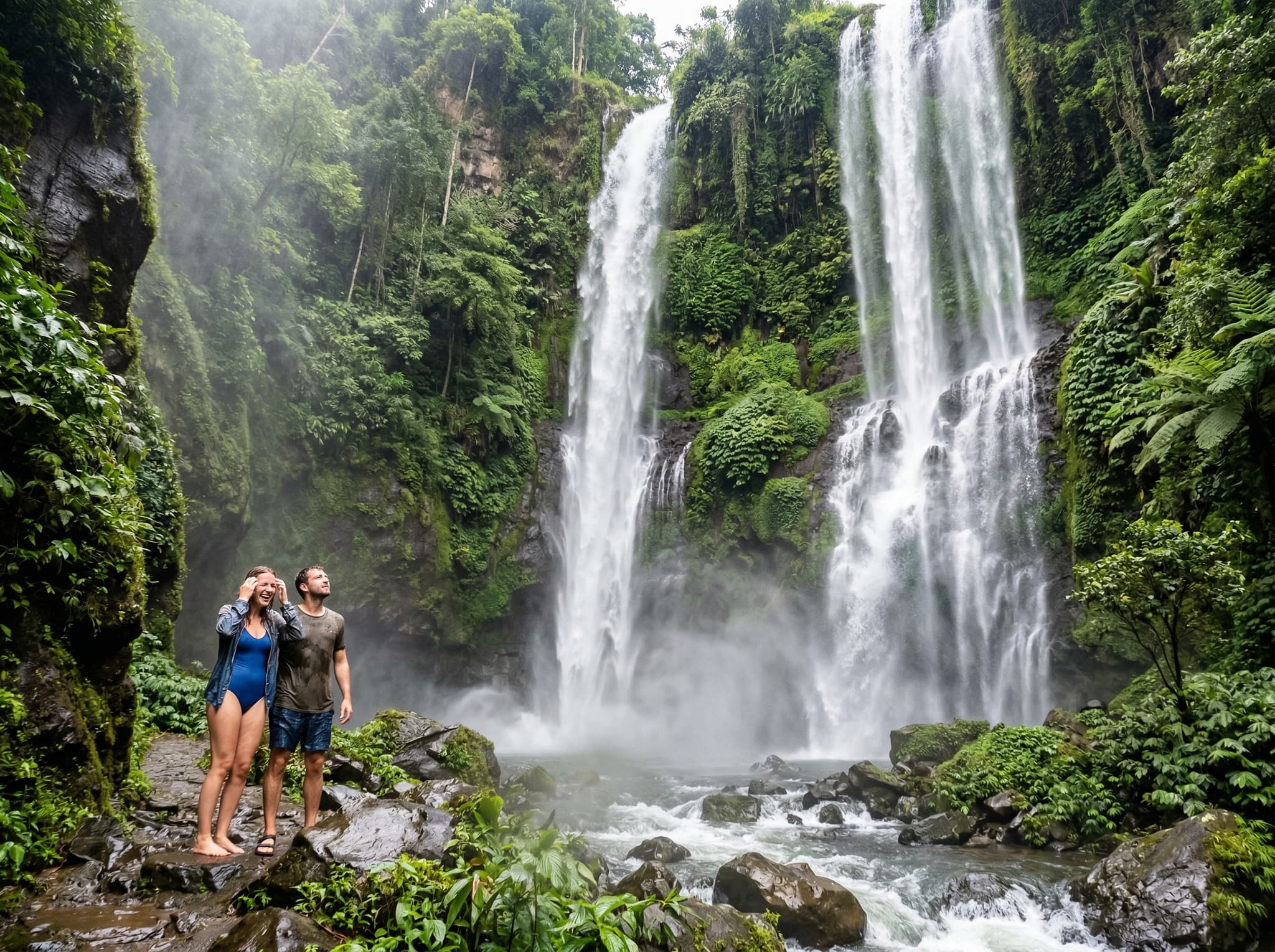 Sekumpul Waterfall viewed from the base pool, showing the full height of the cascades and the mist thrown outward from the impact point — capturing the immersive, soaking experience the article describes when standing close to the falls.