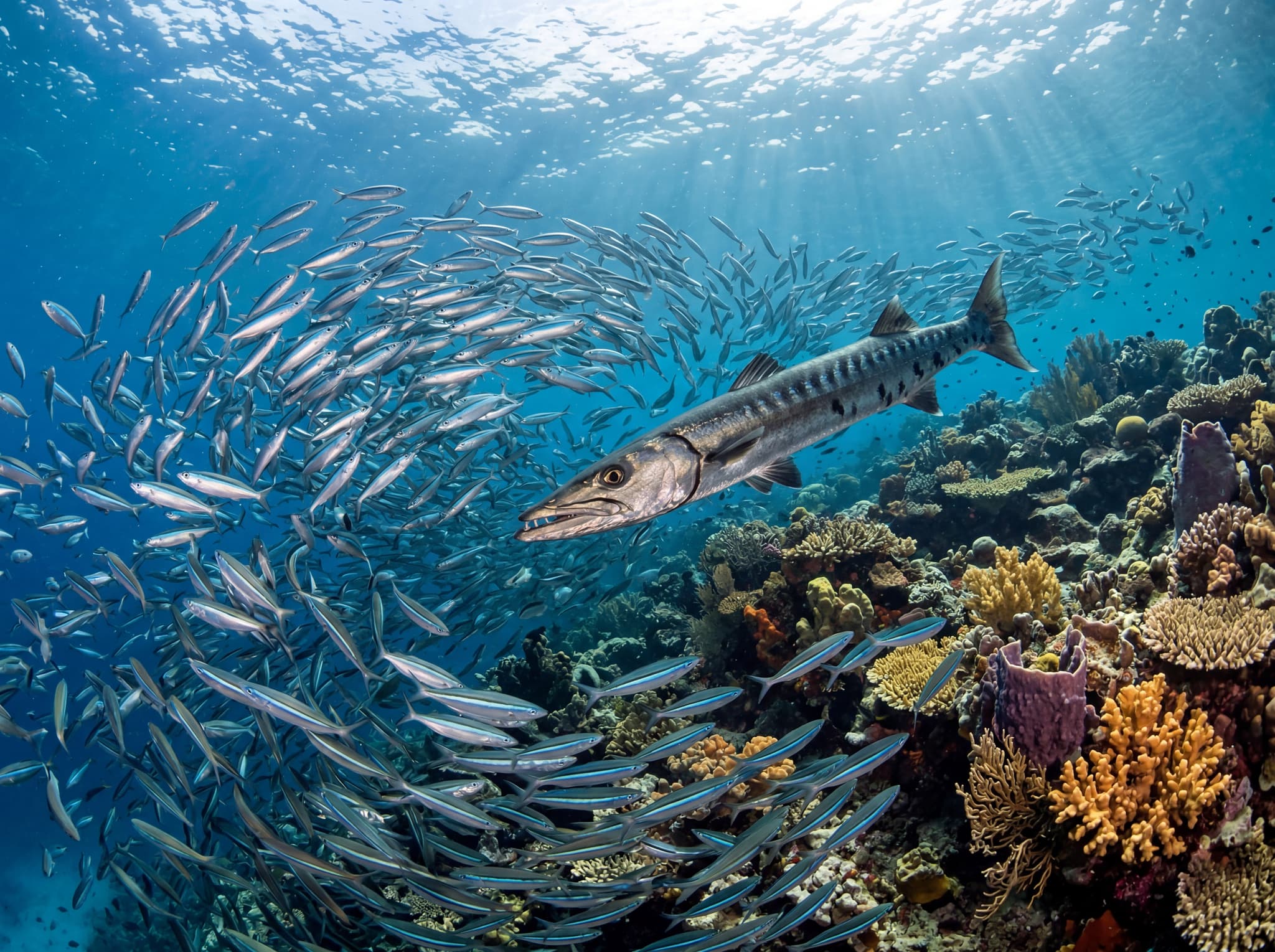 Barracuda or giant trevally hunting through a dense school of smaller fish at a Raja Ampat reef site — capturing the predator-prey drama described as the defining experience at Sardine Reef