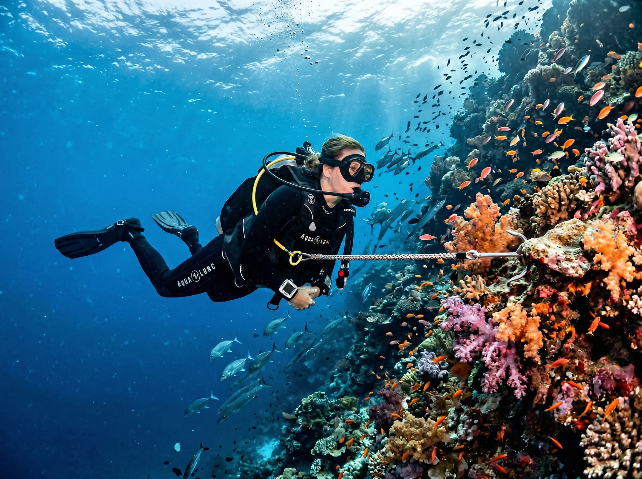 A diver using a reef hook while hovering in strong current at a Raja Ampat dive site — illustrating the advanced current conditions and required technique discussed in the currents section