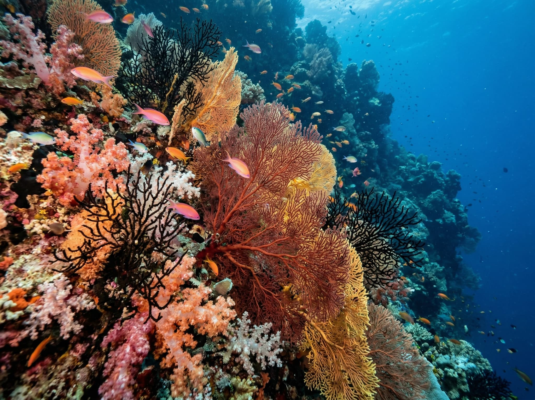 Close-up of soft corals, gorgonian sea fans, or black coral bushes on a Raja Ampat reef wall — representing the reef structure health and conservation context discussed in the final section