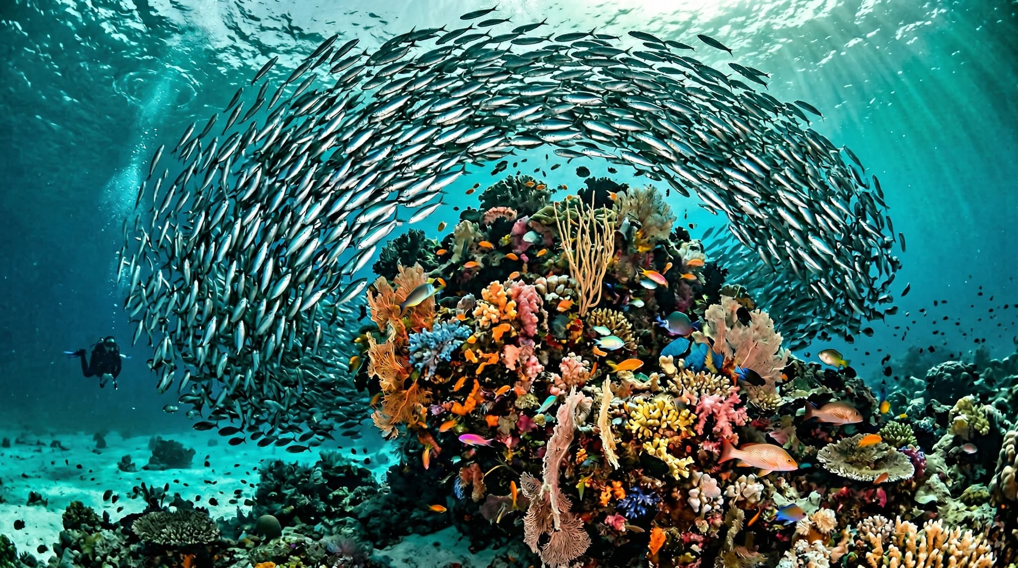 A dense school of fusiliers or sardines forming a shimmering wall of fish around an underwater coral seamount in Raja Ampat, Indonesia — illustrating the signature fish aggregation that defines Sardine Reef