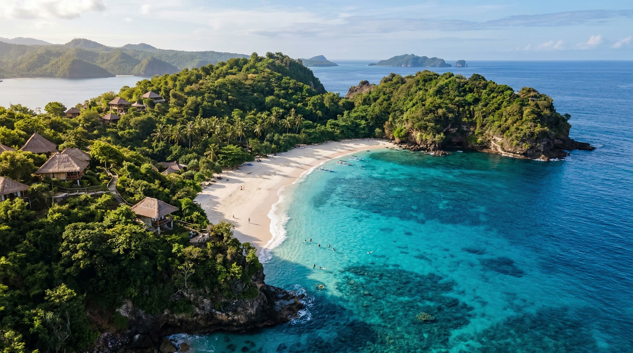 Blue Lagoon Beach in Padang Bai, East Bali — a small crescent of white sand with calm turquoise water, framed by rocky headlands and tropical vegetation, showing the intimate scale and clear water that makes this snorkeling spot worth stopping for
