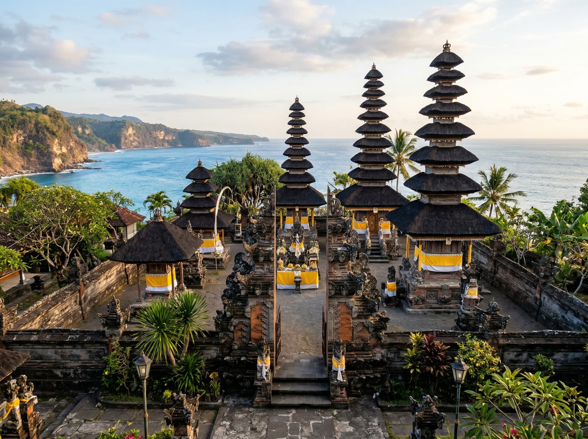 Silayukti Temple on the eastern coast of Padang Bai — a traditional Balinese Hindu coastal temple with stone shrines and tiered meru towers, showing the historic site the article notes sees almost no tourist traffic despite being steps from Blue Lagoon Beach