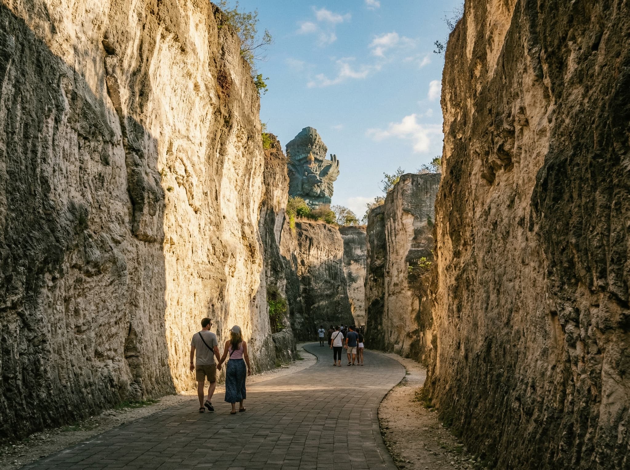 The exposed limestone corridor walls of GWK Cultural Park — the former quarry's sheer pale rock faces rising 20 meters or more, creating the geological-scale amphitheater effect that defines the park's atmosphere and sets it apart from conventional cultural attractions