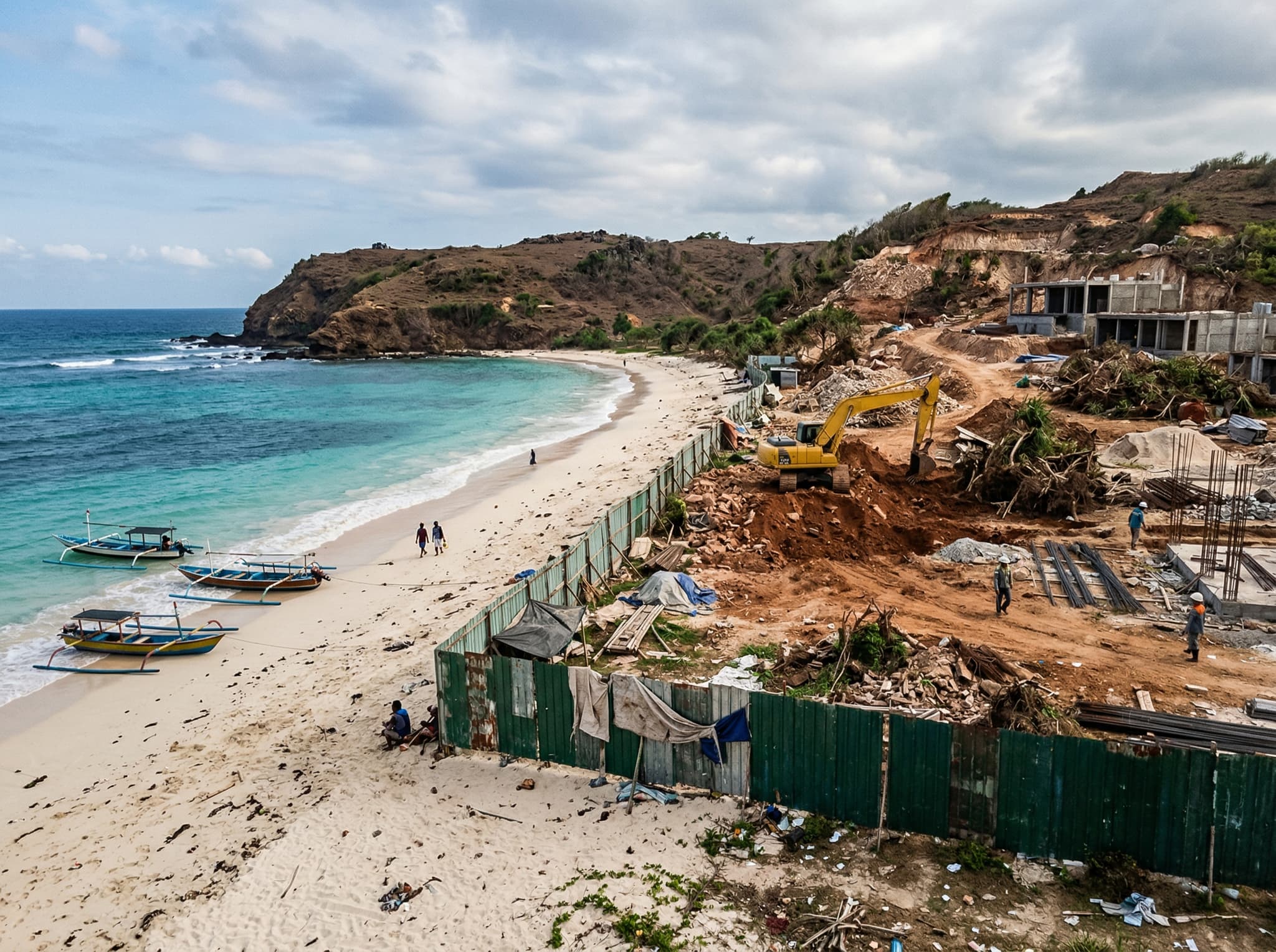 Evidence of the Mandalika Special Economic Zone development near Tanjung Aan — cleared land, construction activity, or displaced warung sites along the beach perimeter, illustrating the development pressure reshaping this stretch of South Lombok coastline