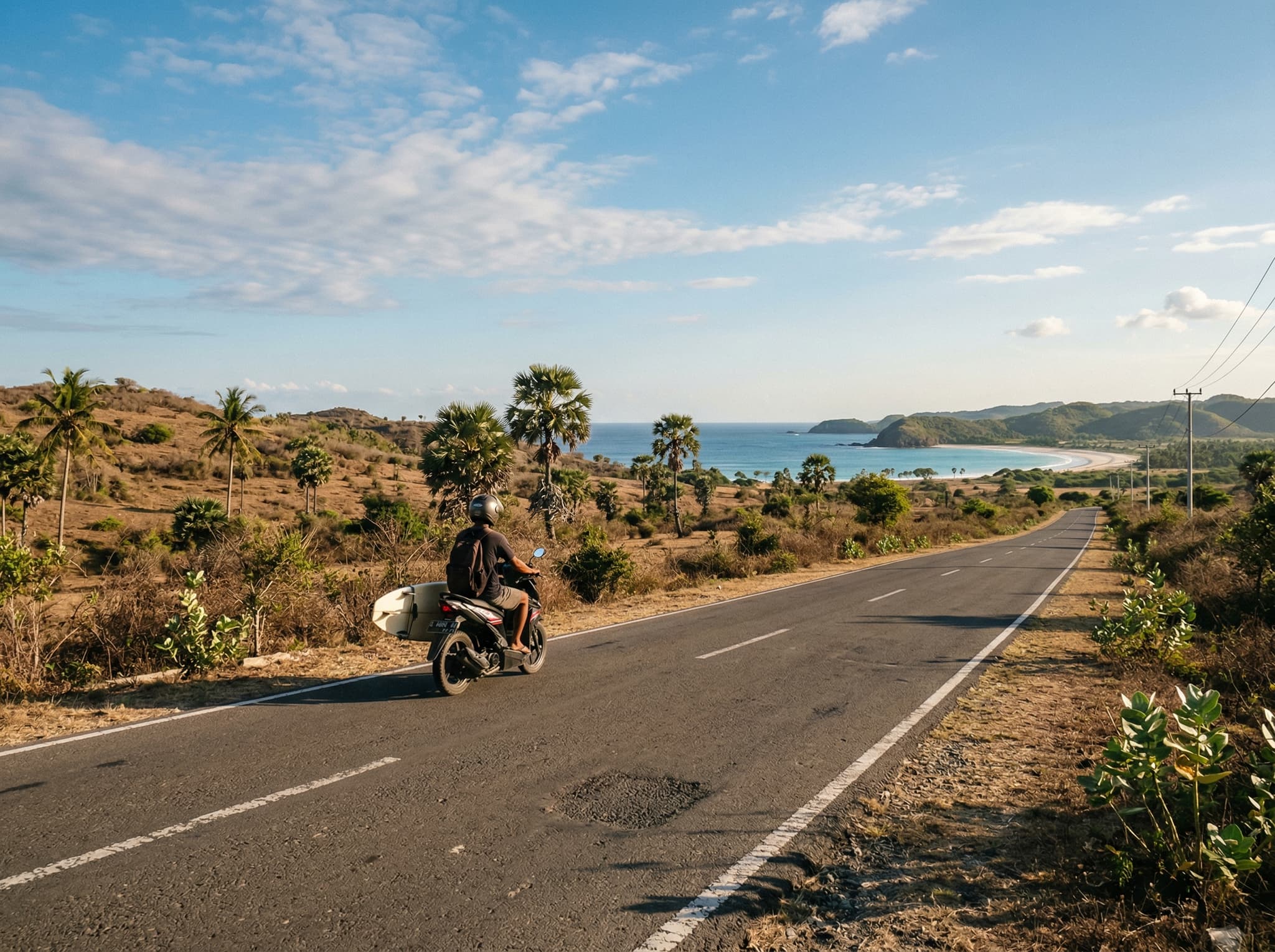 A scooter on the road between Kuta Lombok and Tanjung Aan, representing the most practical way to reach the beach and the broader south Lombok coastal loop the article recommends