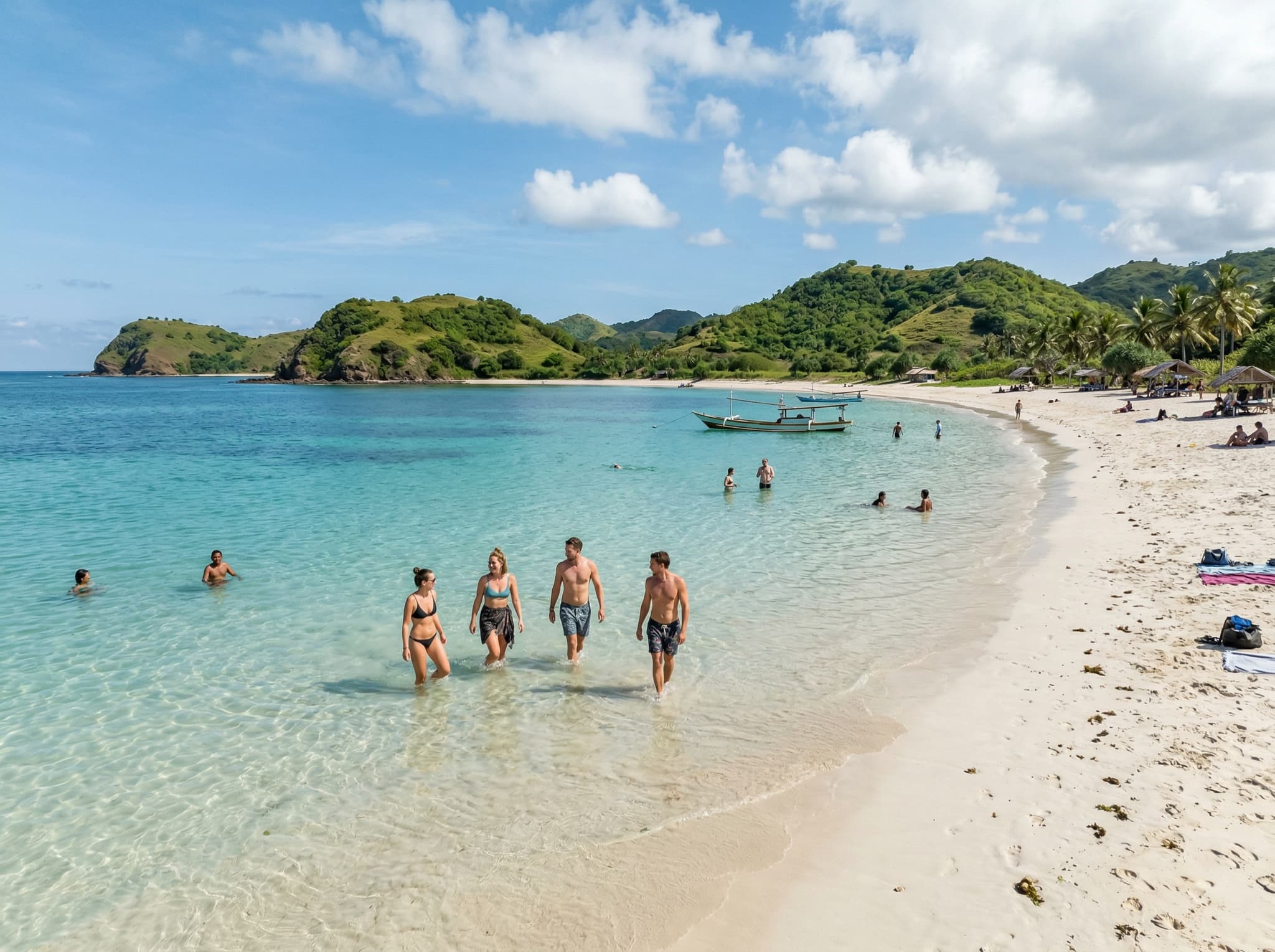 Swimmers in the calm, shallow western bay of Tanjung Aan during dry season, showing the sheltered turquoise water that makes this beach one of the best swimming spots in South Lombok