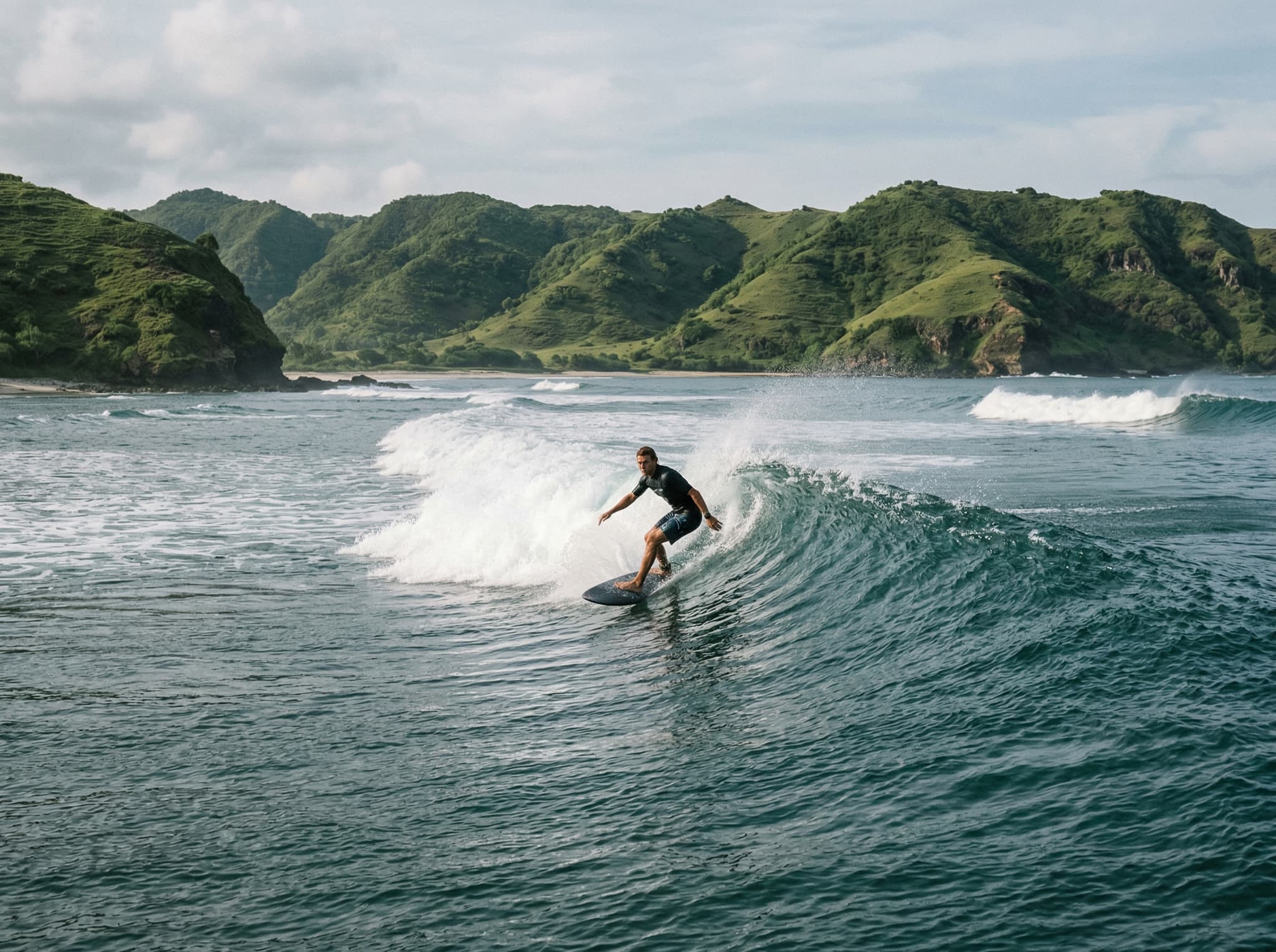 A surfer riding a wave at Tanjung Aan's reef or beach break, representing the surf culture that draws experienced riders to South Lombok's southern swells during dry season