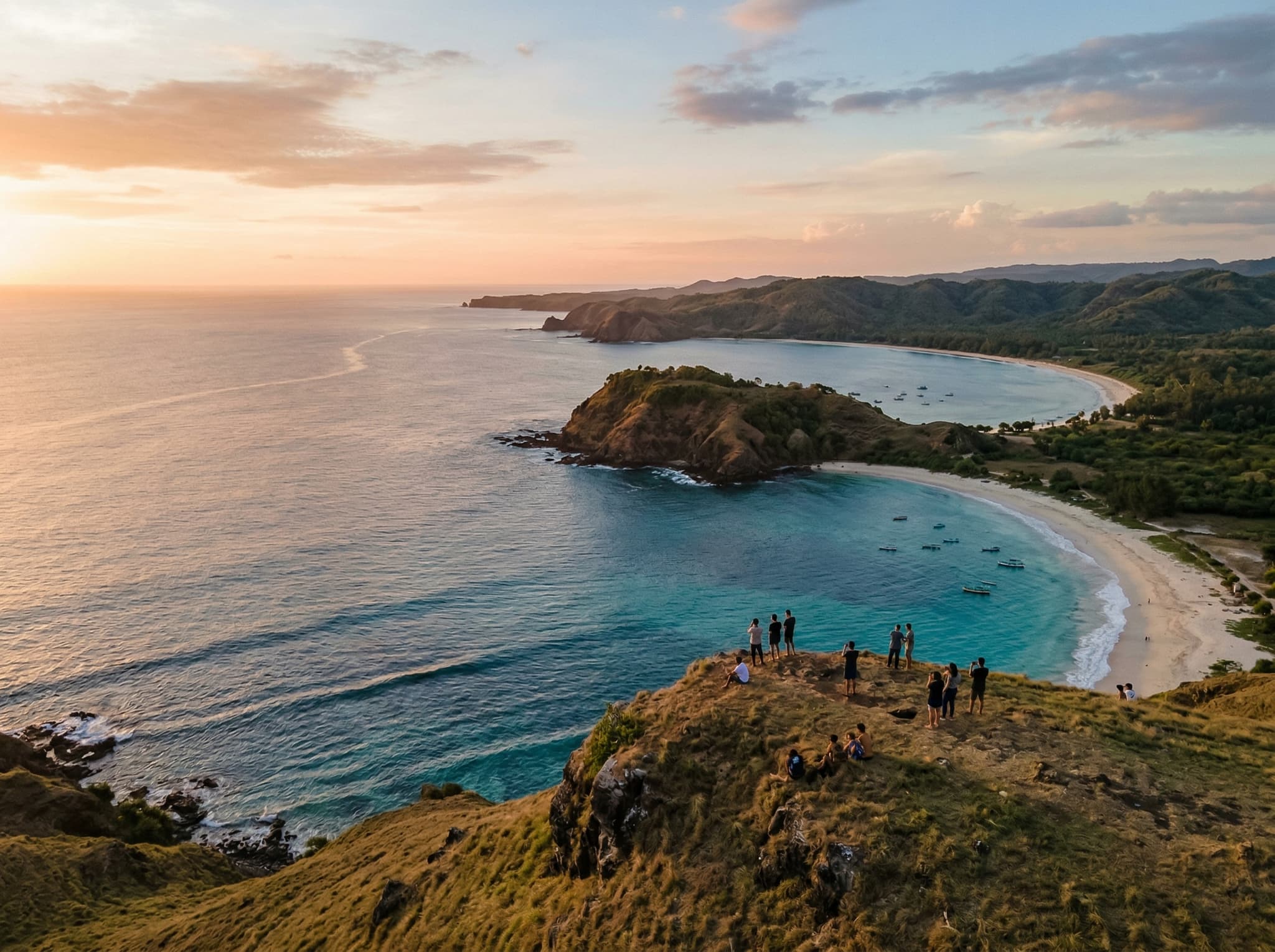 Panoramic view from Bukit Merese hill at the eastern end of Tanjung Aan, looking over both bays at sunset — the vantage point the article describes as genuinely stunning and one of the beach's enduring draws