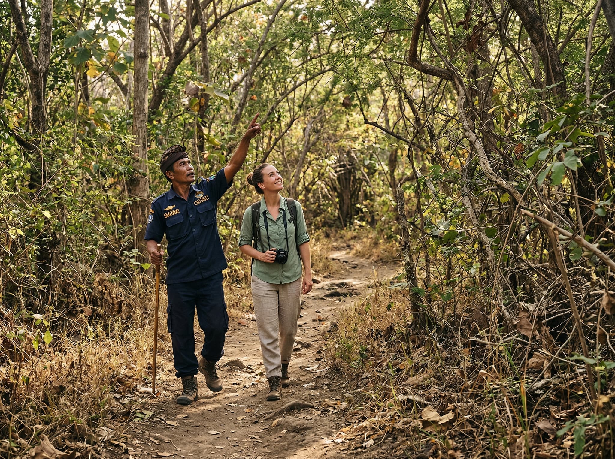 A trekker and park guide walking a shaded trail through West Bali National Park's monsoon forest — illustrating the mandatory guide system and the mainland trekking experience described in the guide section