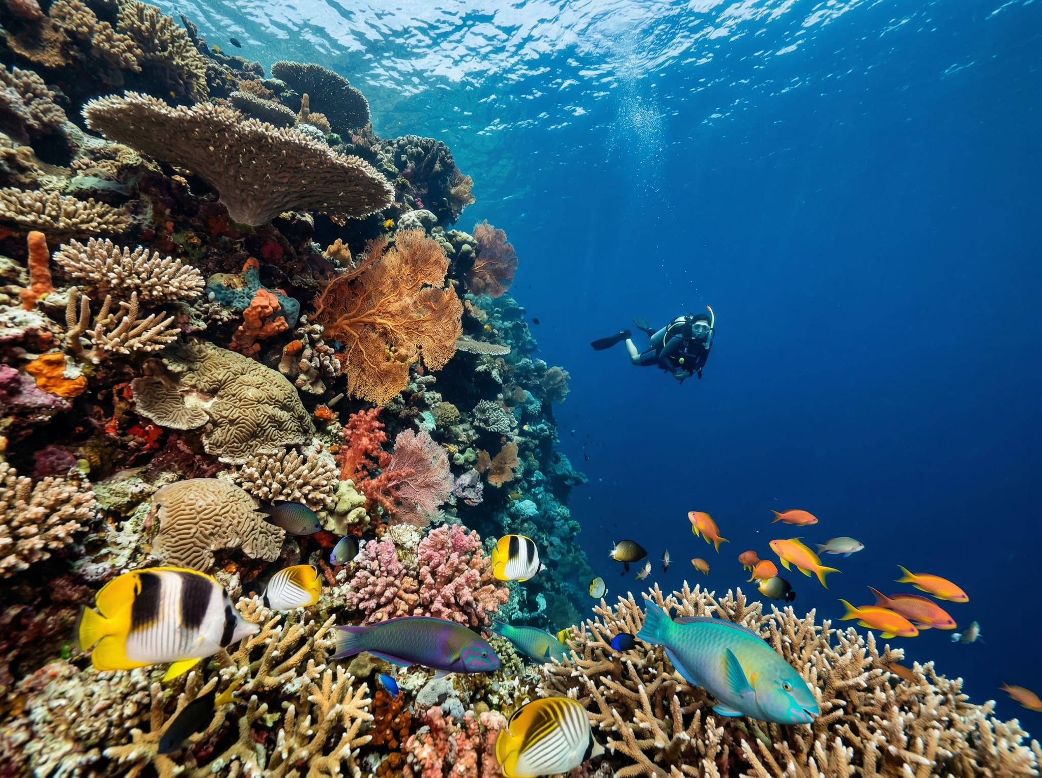 Underwater coral wall at Menjangan Island — healthy hard coral and reef fish in clear blue water, representing the snorkeling and diving experience that draws most visitors to the park