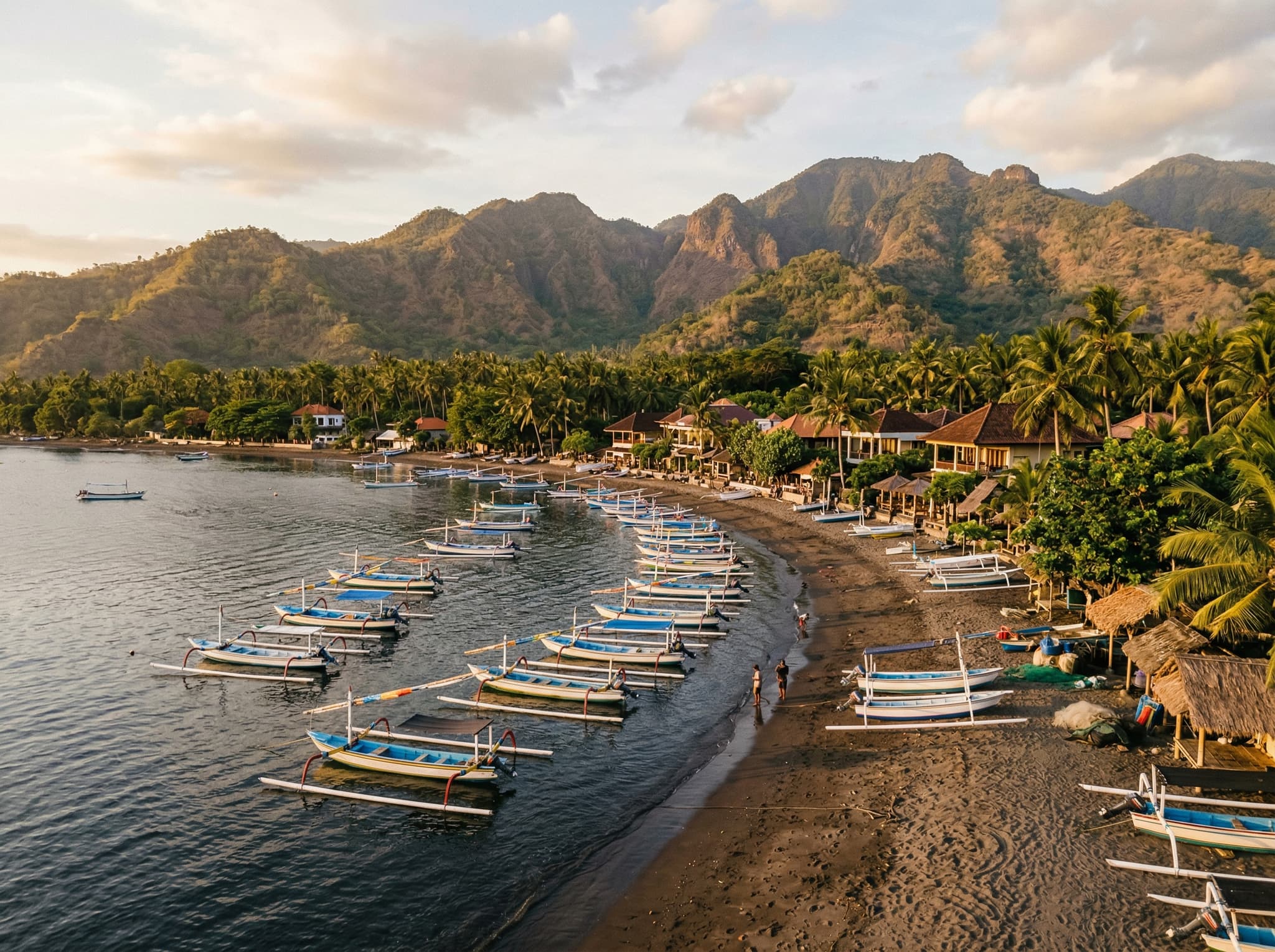 Pemuteran village bay — a quiet coastal settlement with calm water and modest guesthouses, representing the recommended base for visiting the park described in the Staying Nearby section