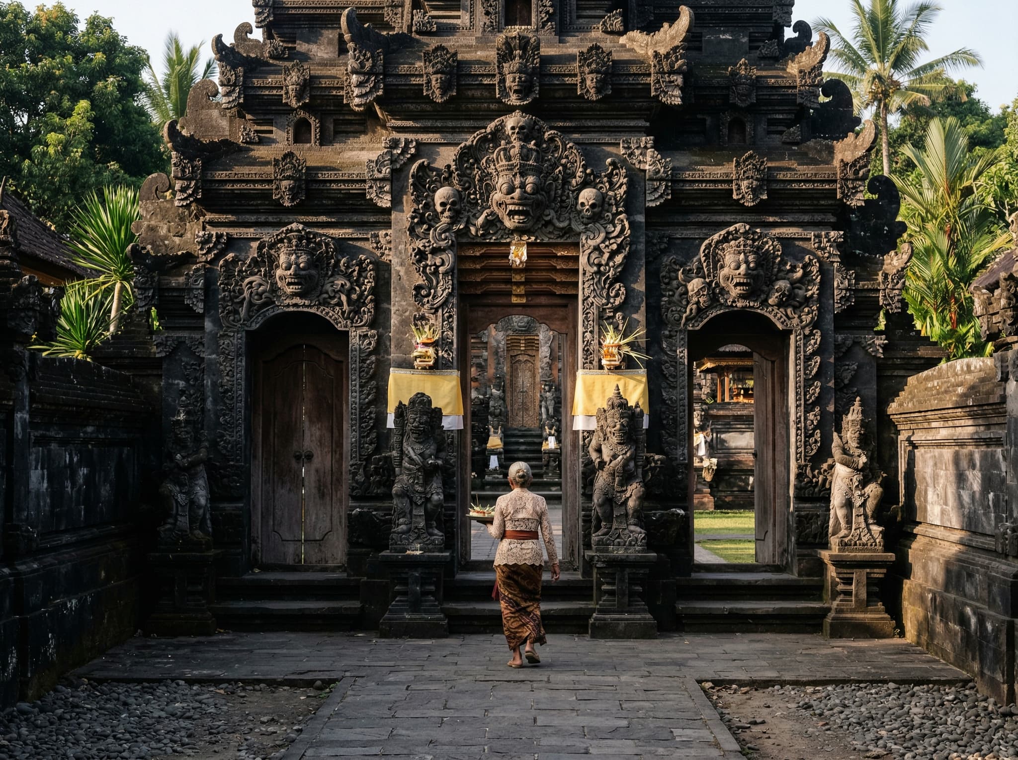 The exterior facade or gate of Pura Dalem Sangsit, the nearby Shaivite temple in Sangsit village recommended as a companion visit to Pura Beji — its darker, more dramatic carvings contrasting with Pura Beji's floral ornament — supporting the article's suggestion to combine both temples in a single half-day loop