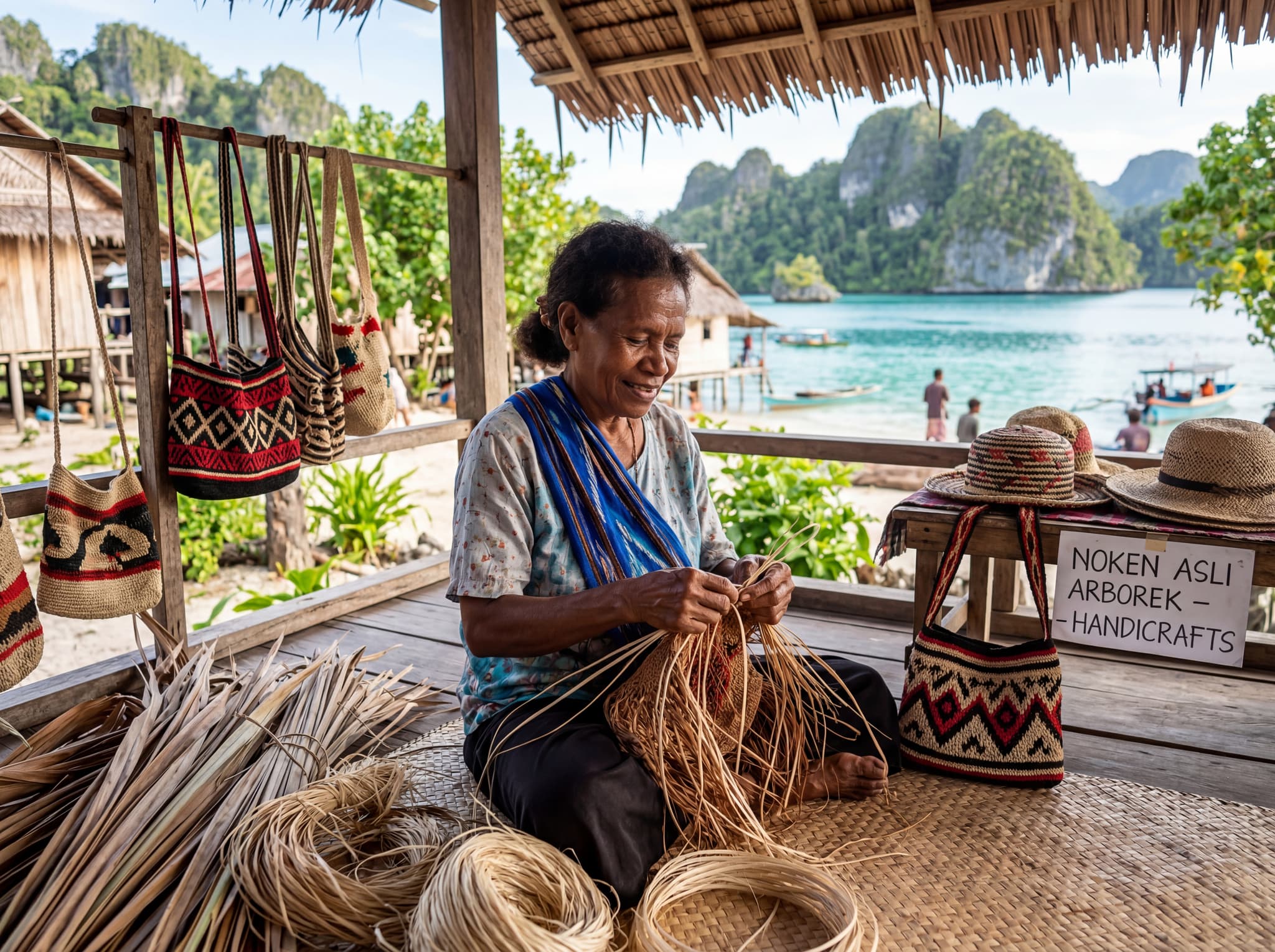 Papuan woman weaving traditional hats or bags from natural fibers in Arborek Village, Raja Ampat — illustrating the community handicraft tradition the article describes as one of the village's defining cultural offerings and a direct way for visitors to support local families