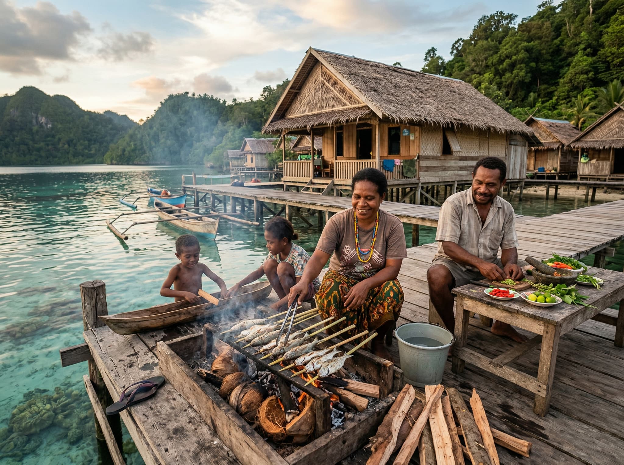 Interior or exterior of a simple Raja Ampat homestay — a modest wooden room with mosquito net, or a family cooking fresh fish over an open flame — conveying the authentic, no-frills community hospitality the article positions as central to the overnight Arborek experience