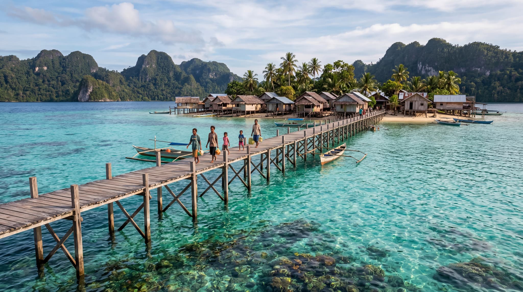 Arborek Village's iconic wooden jetty extending over crystal-clear turquoise water in Raja Ampat's Dampier Strait, with traditional stilt houses visible on the tiny island — establishing the remote, intimate scale of this community-based tourism destination
