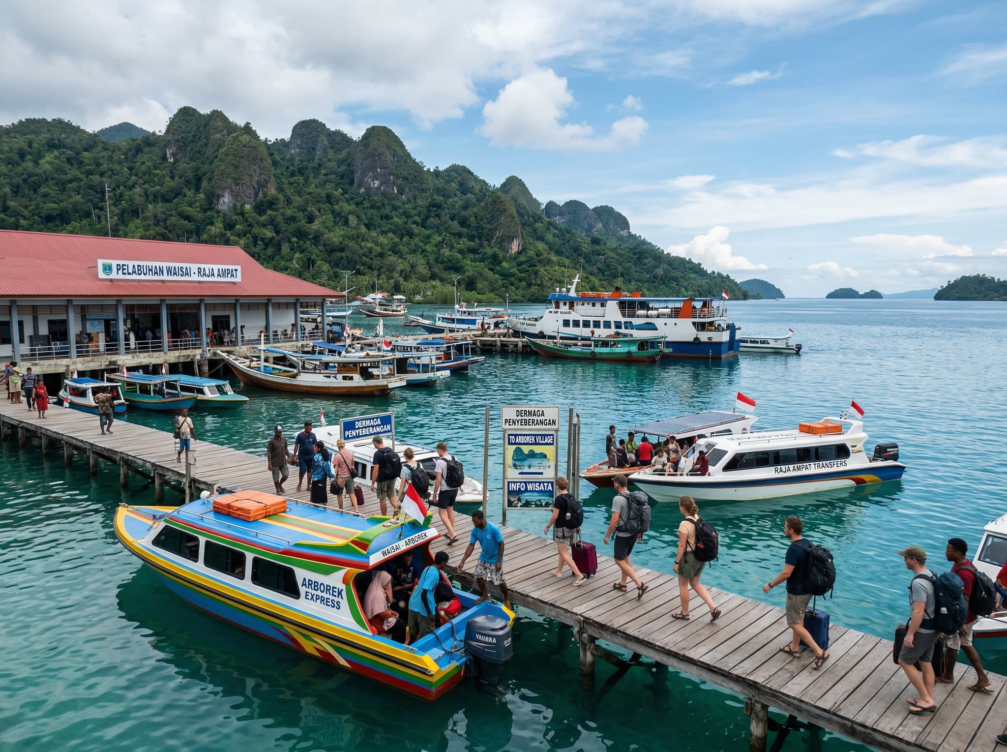 Waisai harbor or ferry terminal on Waigeo island, Raja Ampat — the administrative capital and main transit point where visitors arrange speedboat transfers to Arborek Village, roughly 45 minutes across the Dampier Strait