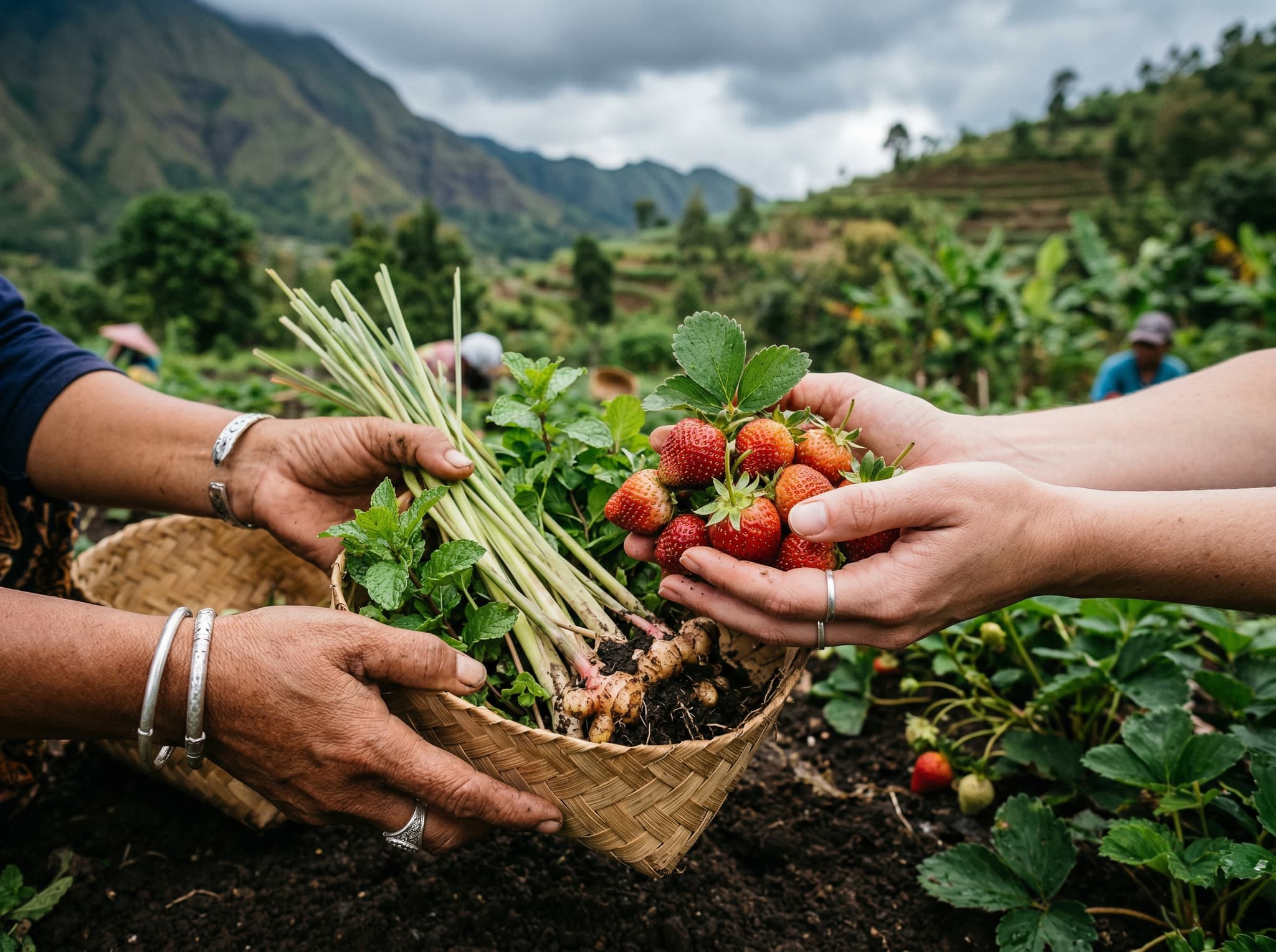 Hands holding freshly harvested produce — strawberries or herbs — from Saifana Organic Farm's fields in Sembalun, Lombok, representing the hands-on harvesting and tasting element of the farm tour experience