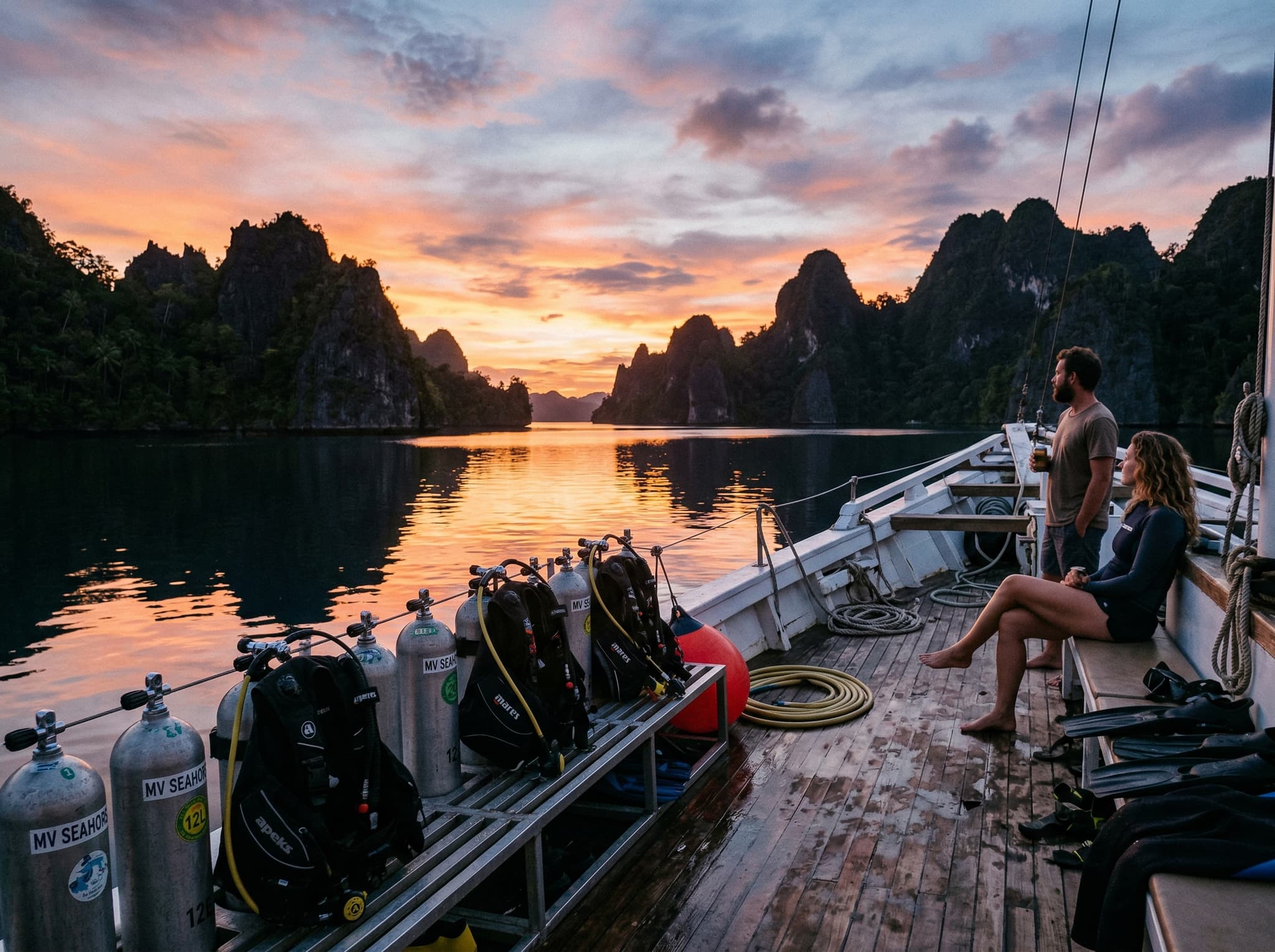 The deck of a liveaboard vessel at anchor in a Raja Ampat lagoon at dusk, with karst islands silhouetted against an orange sky — representing the liveaboard experience that allows divers to access remote sites across the full archipelago.