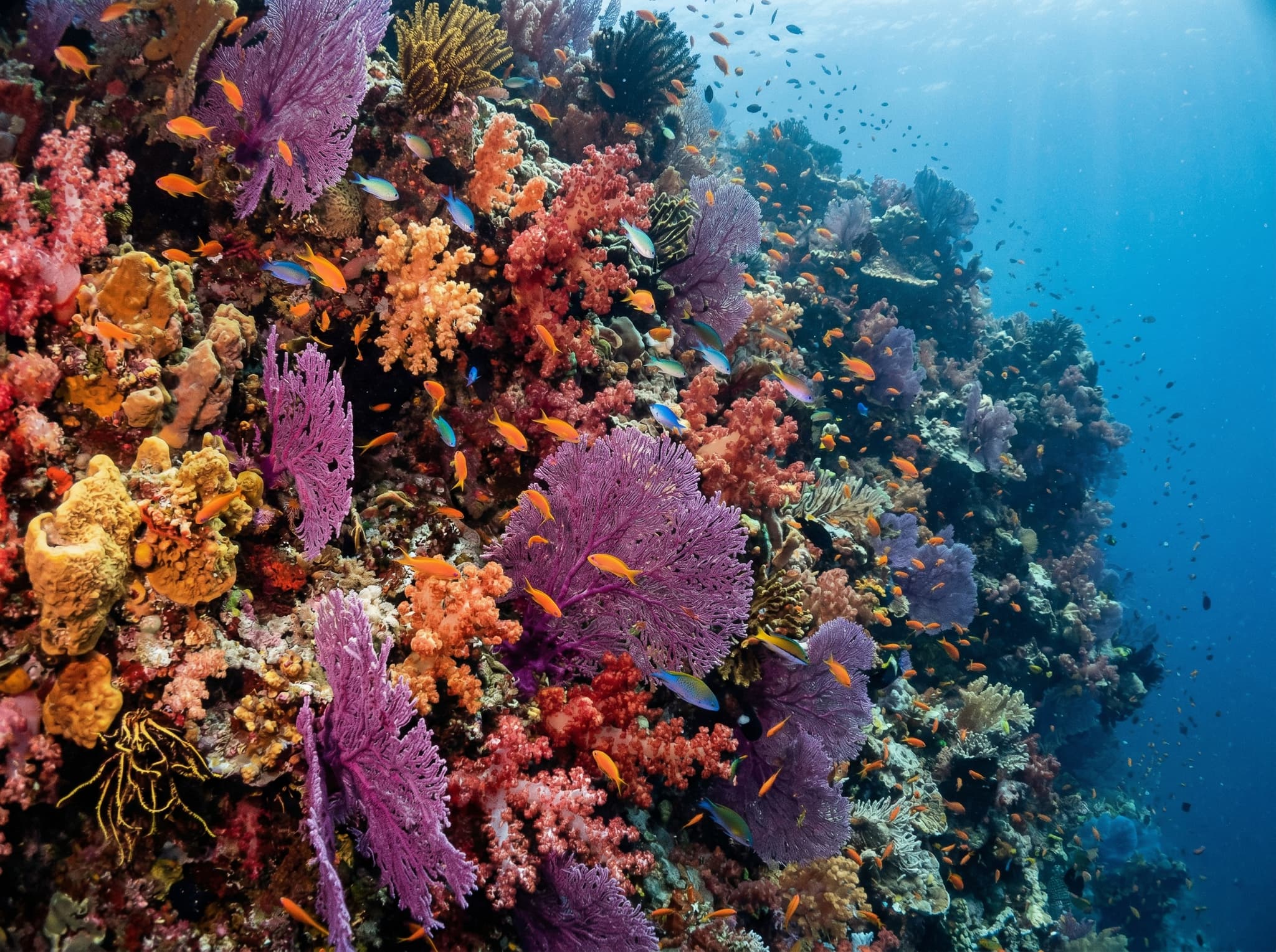 An underwater photograph at Misool, Raja Ampat, showing a reef wall saturated with soft coral in purple, orange, and red — illustrating the 'saturation of life' described in the article's closing section on what Raja Ampat diving actually feels like.