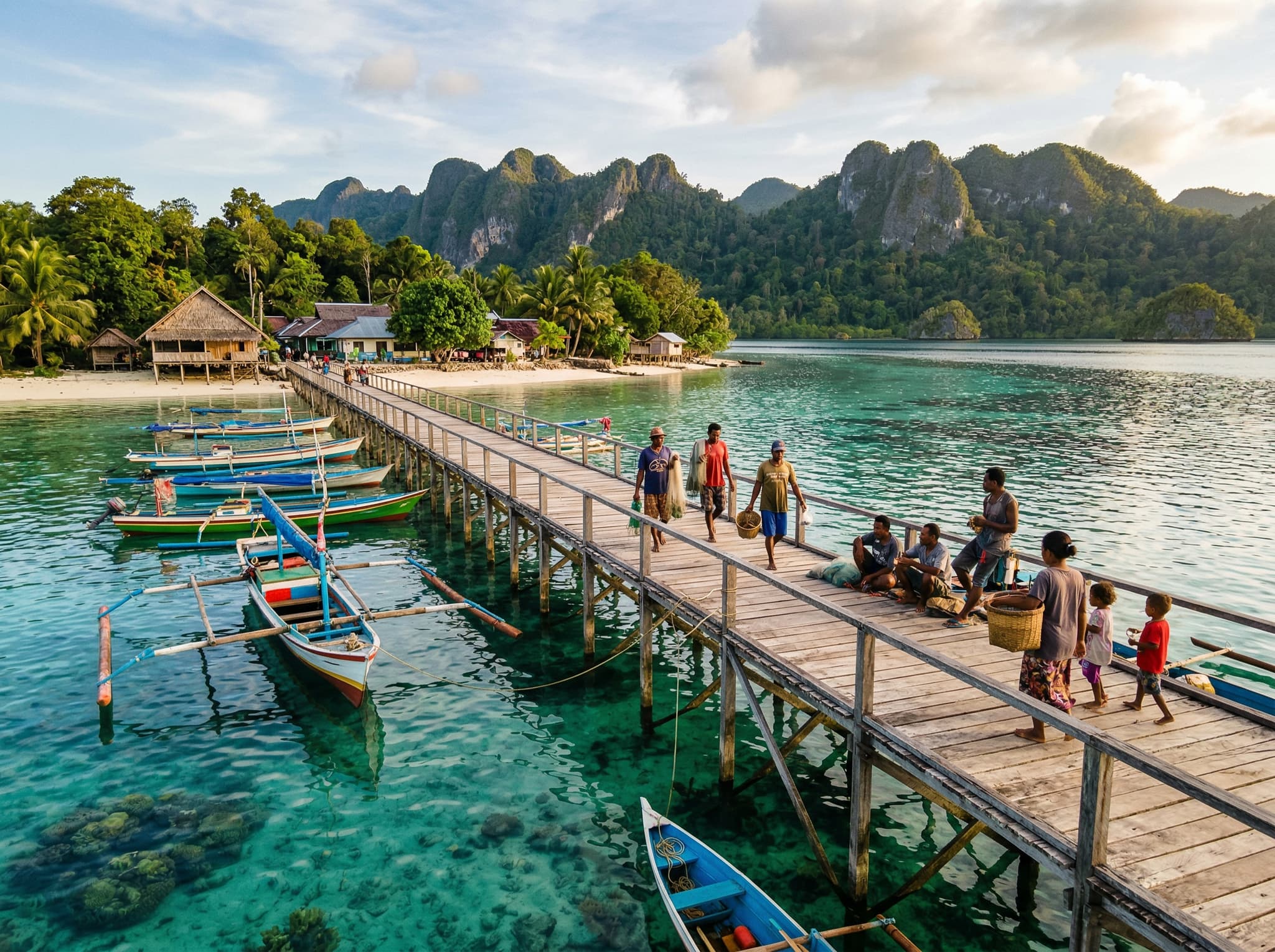 The Arborek village jetty in central Raja Ampat, with local fishing boats moored alongside and the characteristic overwater structure extending into clear turquoise water — representing the village-based diving option and the community-integrated character of this dive destination.