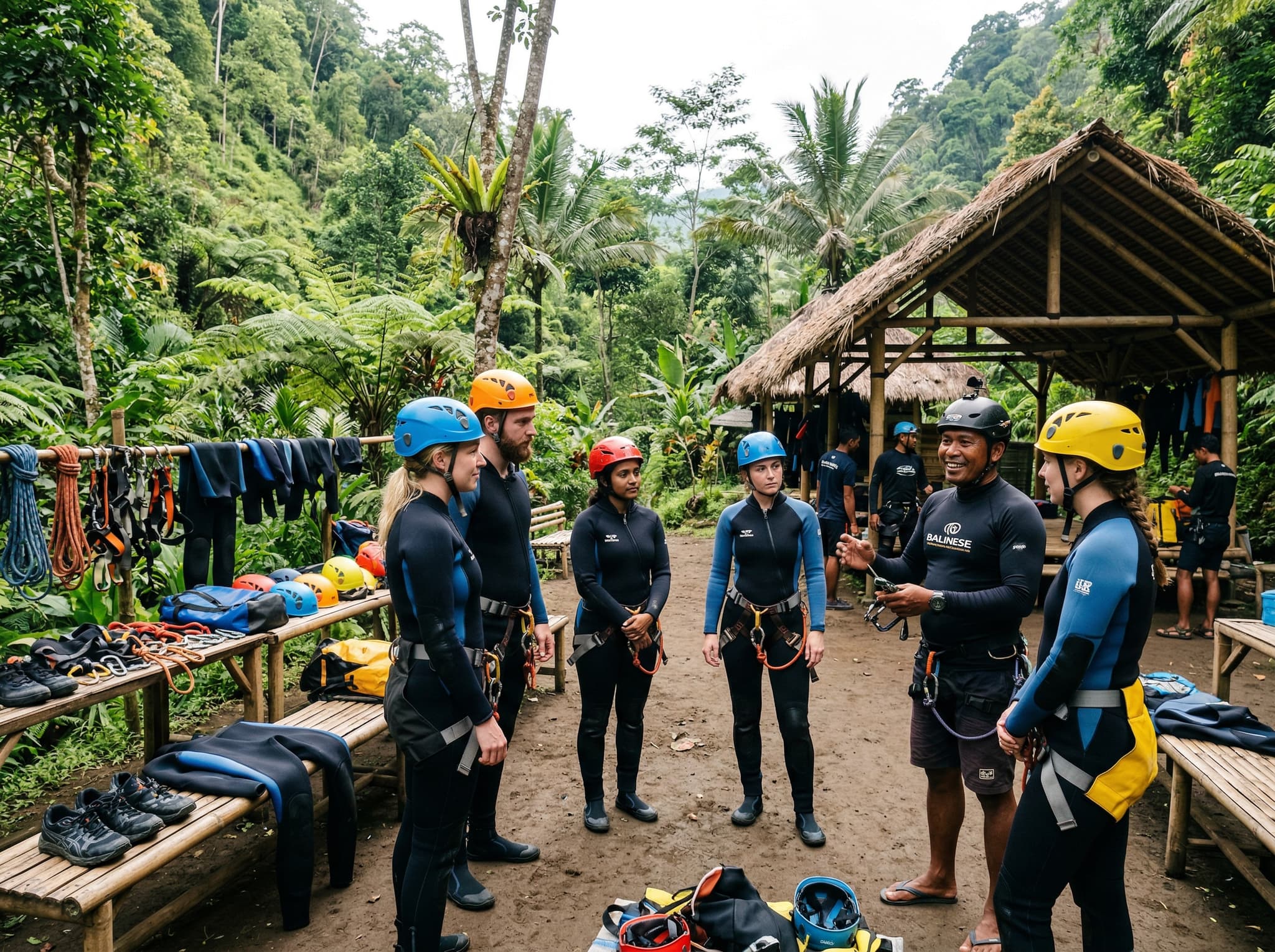 Canyoning guides fitting participants with wetsuits, helmets, and harnesses at a basecamp in a jungle clearing near Gitgit Village, North Bali — illustrating the safety briefing and gear preparation that begins every guided Gitgit Canyon tour