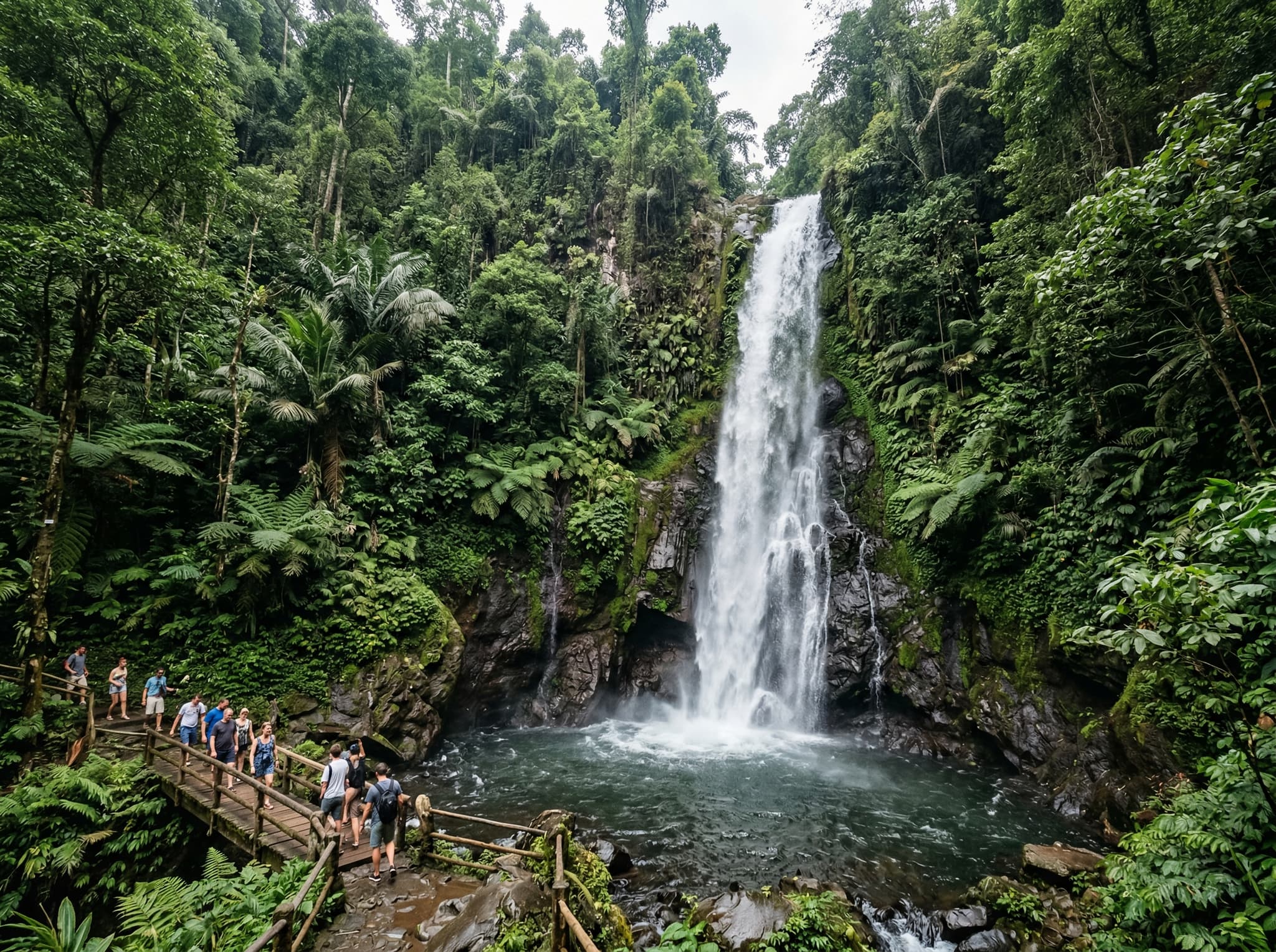 Gitgit Waterfall in North Bali — the tall jungle cascade near Gitgit Village that shares a name and parking area with the canyon, shown here as the accessible sightseeing alternative described in the article's comparison section