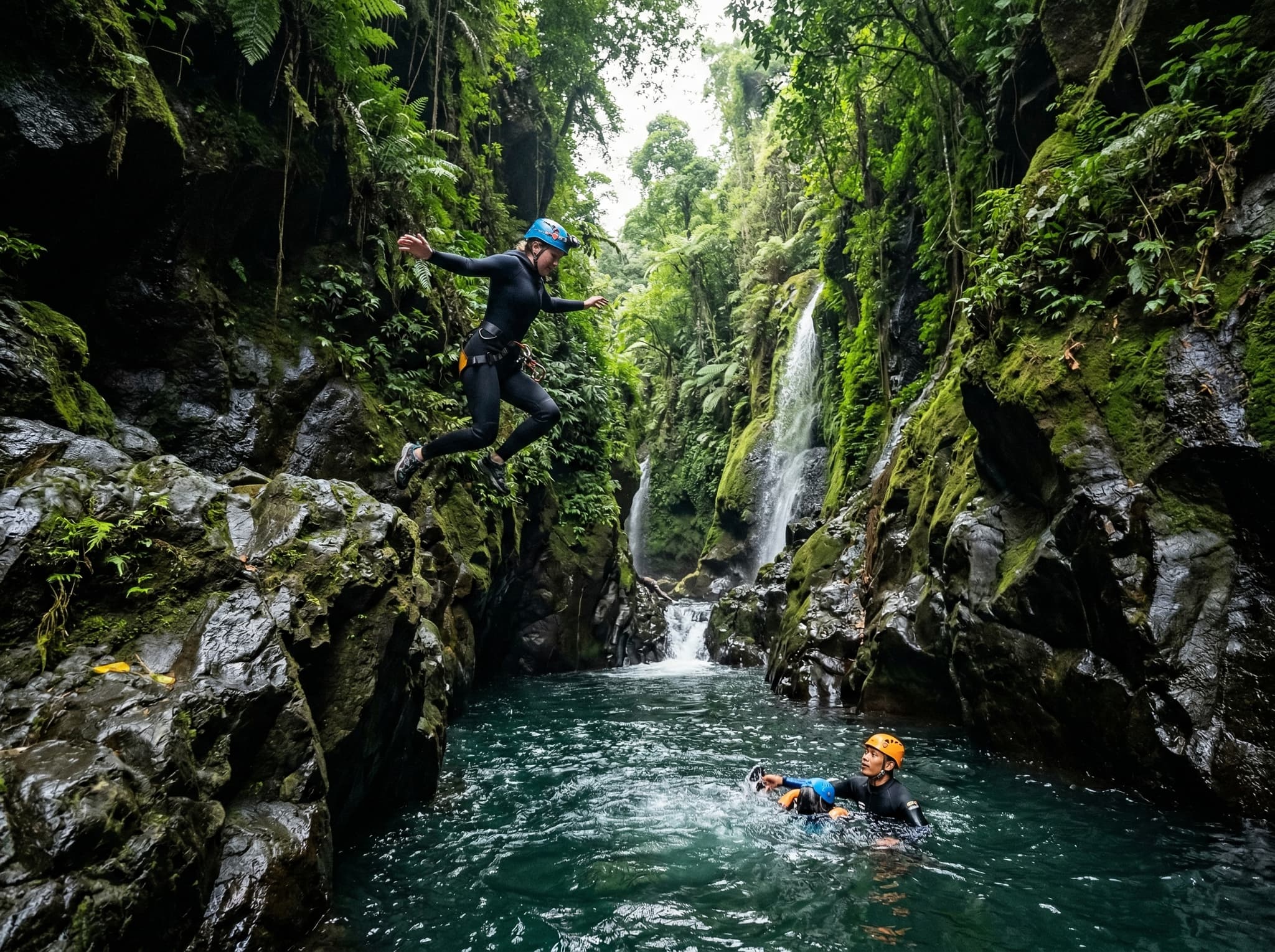 A canyoneer mid-jump from a ledge into a deep pool inside a jungle gorge in Bali — capturing the 3-to-8-meter cliff jumps that are a central element of the Gitgit Canyon canyoning route