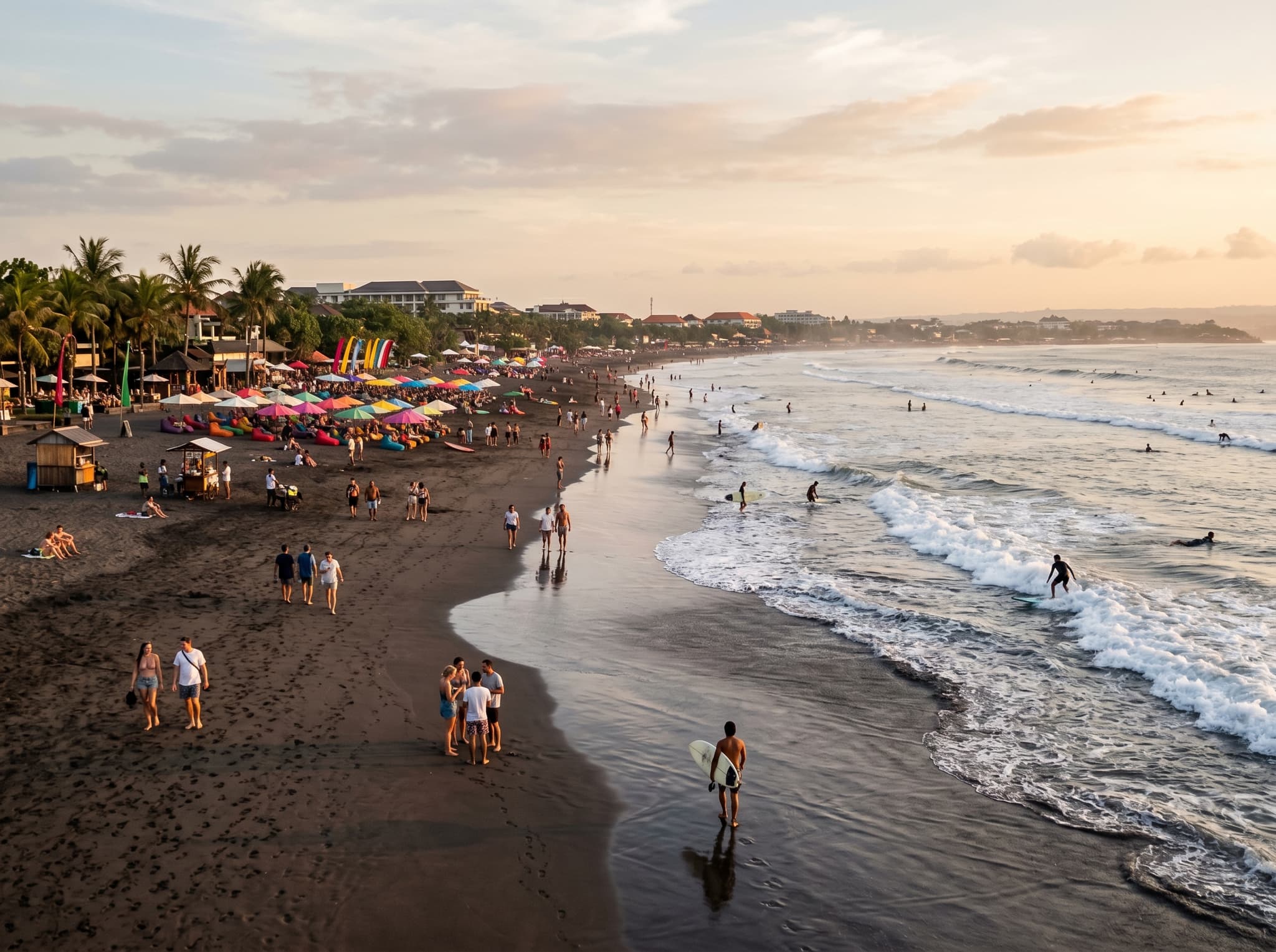 Seminyak Beach at golden hour with the coastline stretching south — the beach that Jalan Drupadi travelers walk 10–15 minutes to reach, representing the key trade-off of staying inland
