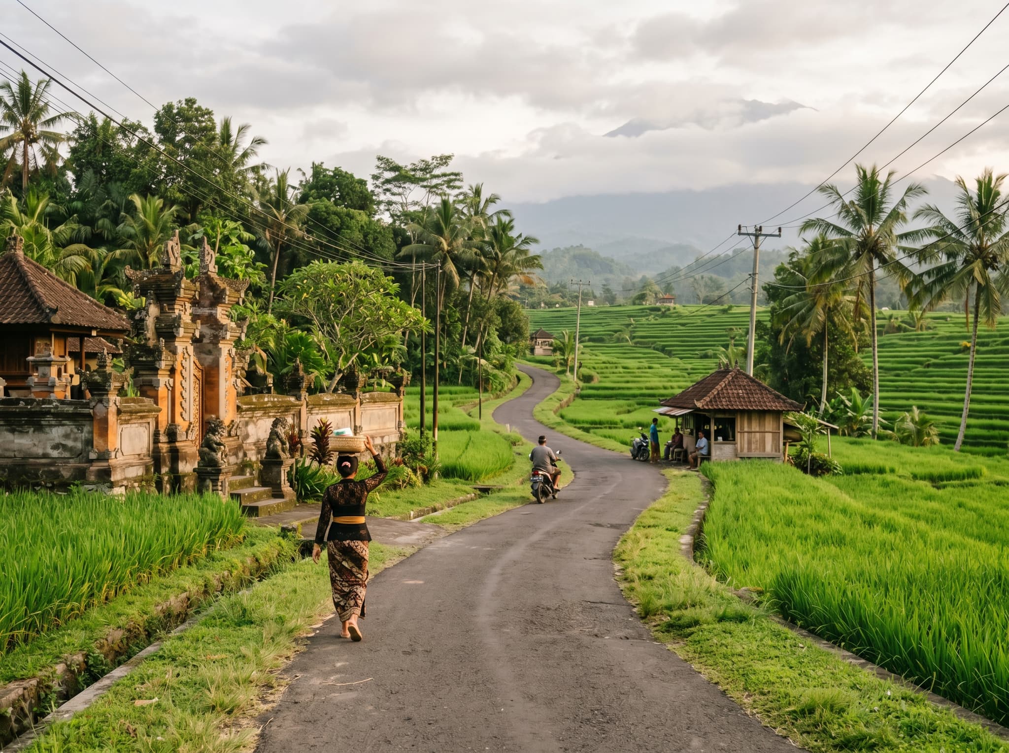 A quiet lane along Jalan Sidemen with rice paddies on either side — illustrating the absence of tourist infrastructure that distinguishes Sidemen from southern Bali