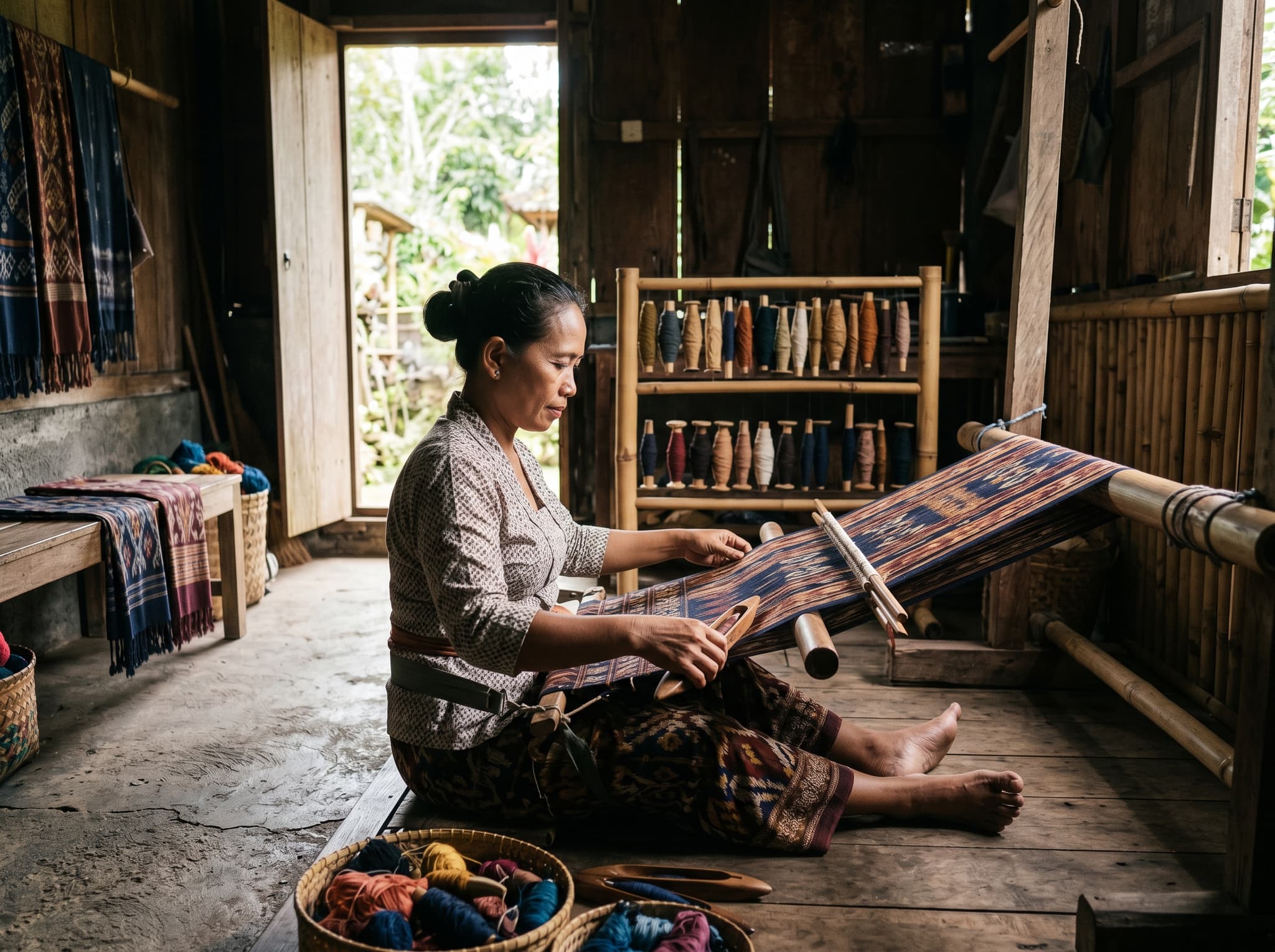 Interior of a traditional Balinese endek weaving workshop in Sidemen, showing a weaver at a backstrap loom — representing the valley's living textile craft tradition mentioned in the What to Do section