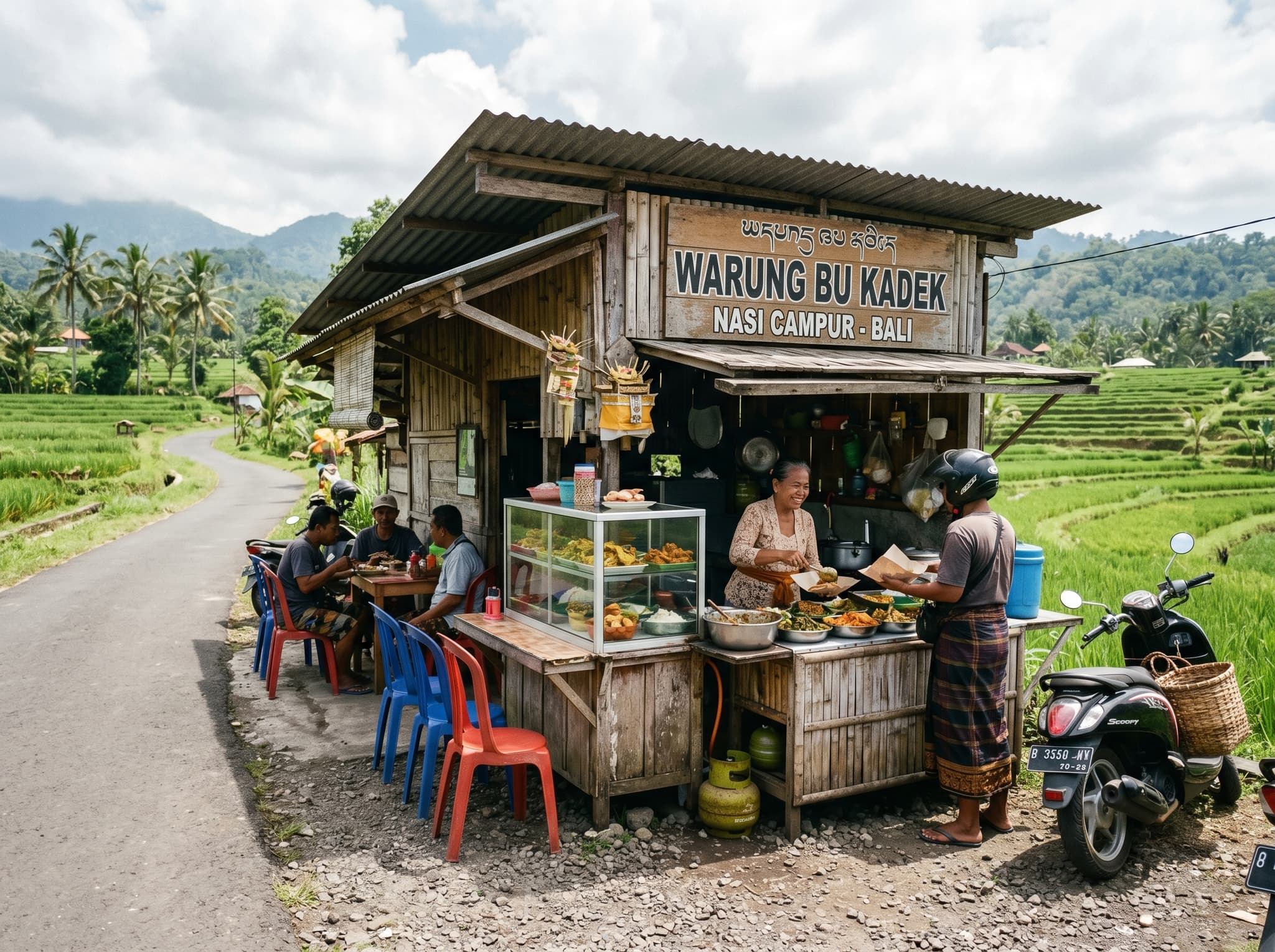 A simple Balinese warung along the Sidemen main road serving local food — representing the authentic, low-cost dining culture the article contrasts with tourist-oriented cafés