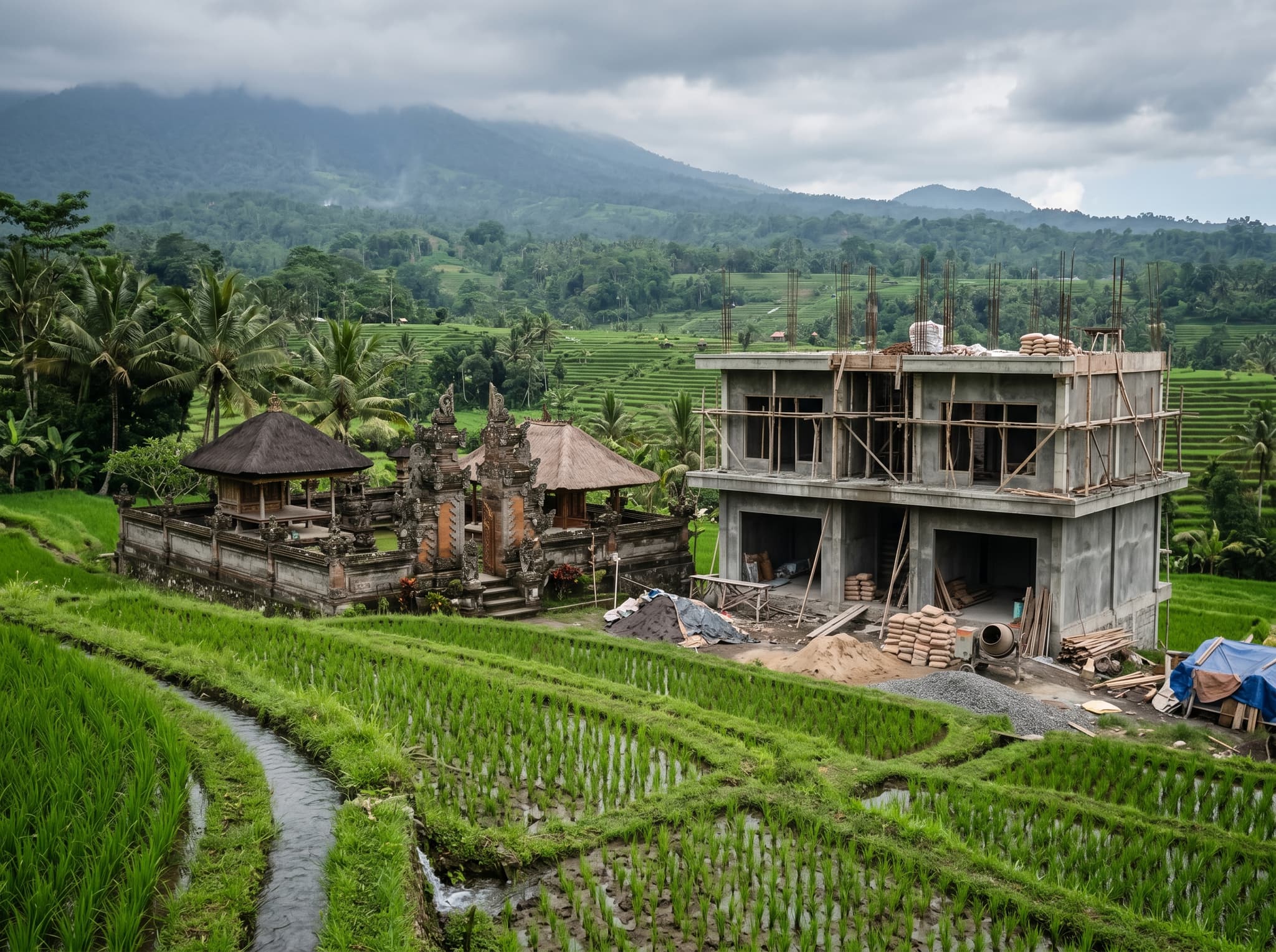 New guesthouse construction visible alongside traditional rice fields in Sidemen — a visual representation of the development tension the article's Honest Caveat section addresses