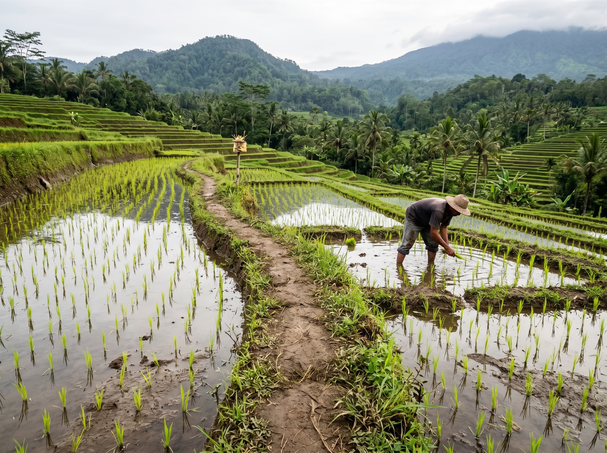 Close-up view of Sidemen's subak-irrigated rice terraces with flooded paddies reflecting sky — showing the working agricultural terraces that are the valley's defining landscape feature