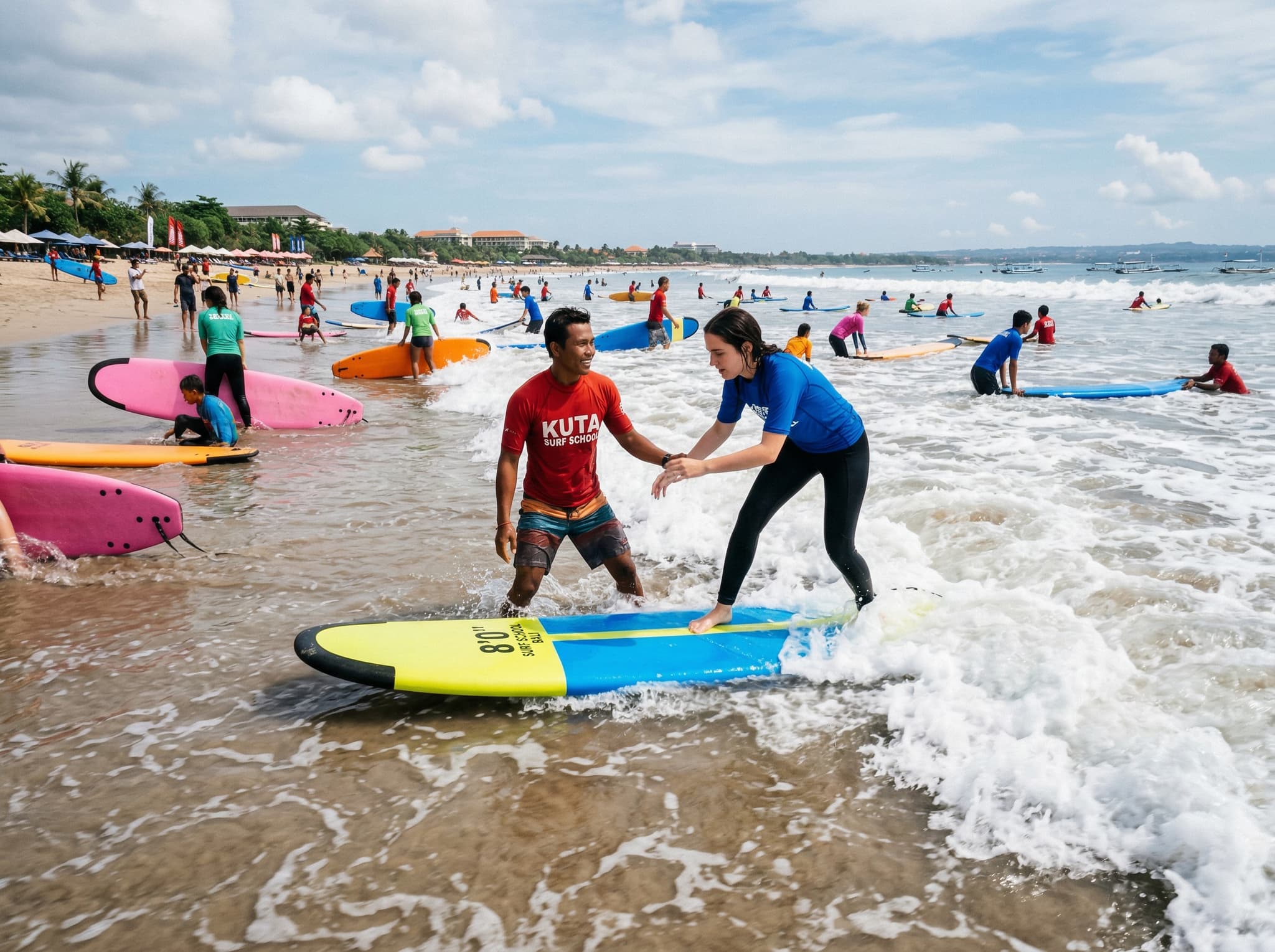 A beginner surf lesson in progress on Kuta Beach with an instructor guiding a student on a foam board in shallow breaking waves, illustrating one of Kuta's strongest practical draws for travelers