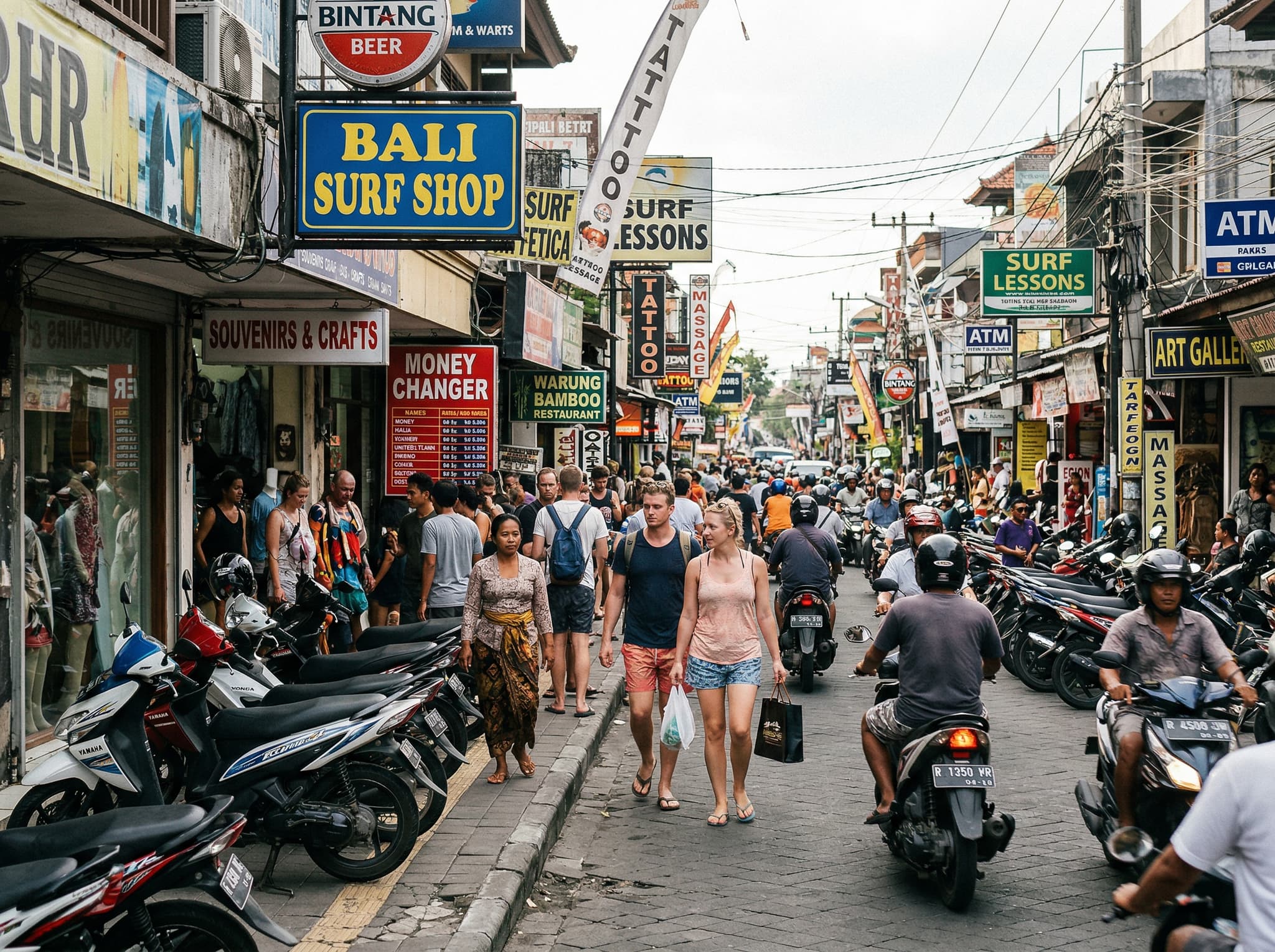 The congested commercial strip of Jalan Legian in Kuta with surf shops, money changers, and restaurants lining a narrow street busy with motorbikes and pedestrians, illustrating the neighborhood's dense, chaotic character