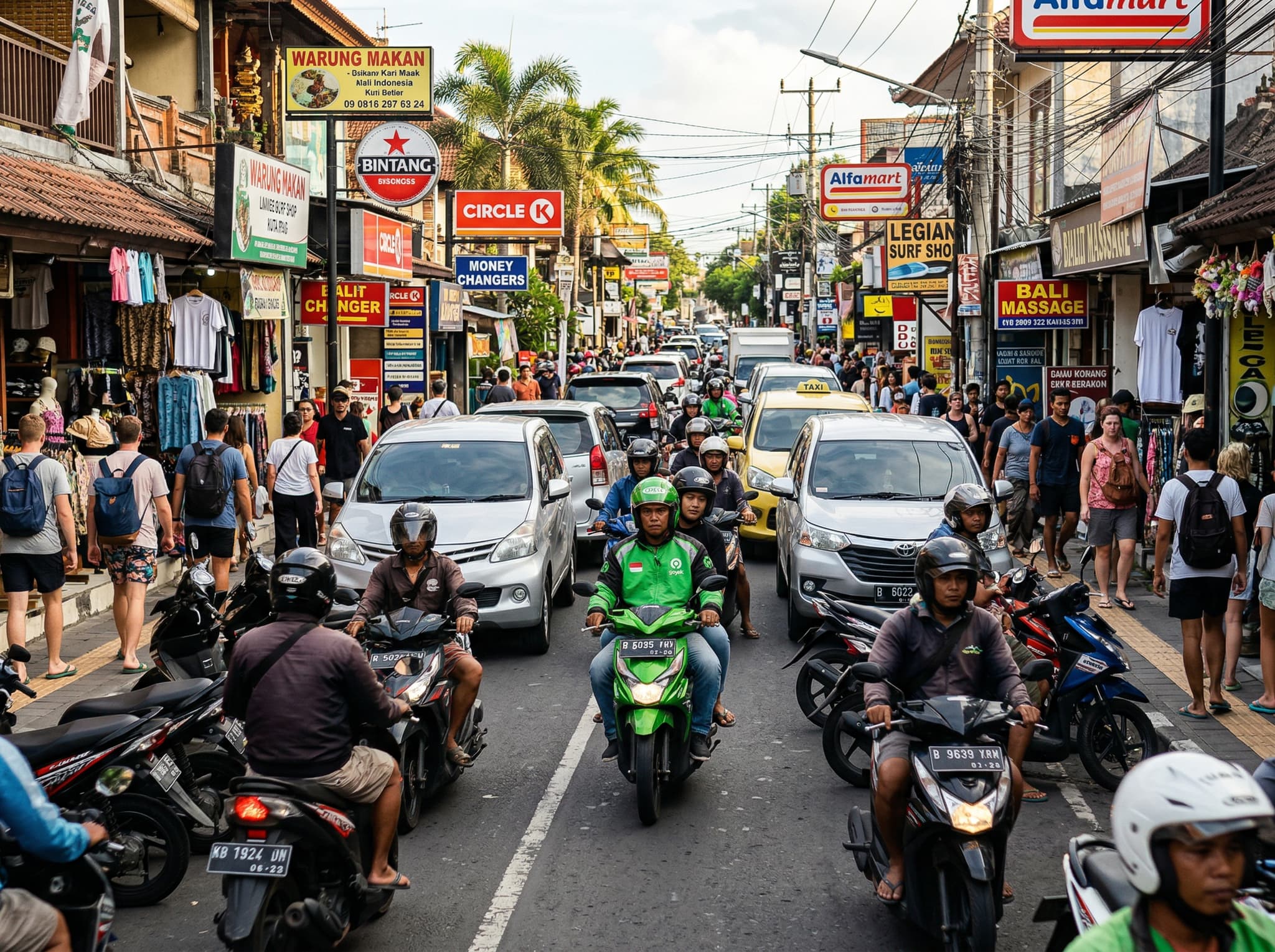 A Grab or Gojek motorbike rider waiting on a main road in Kuta with the dense street traffic visible behind, illustrating the practical transport advice in the getting around section