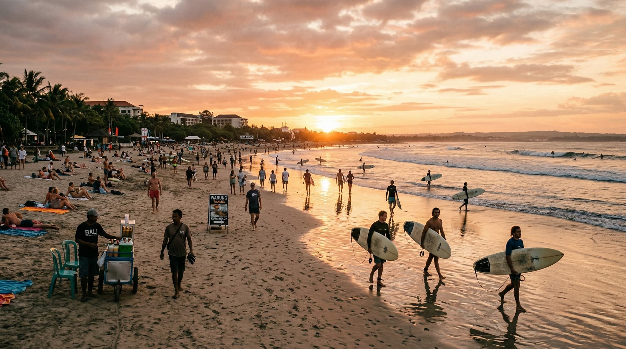 Kuta Beach at sunset with surfers in the water and vendors on the wide sandy shore, capturing the chaotic energy and natural beauty that define Bali's most divisive neighborhood